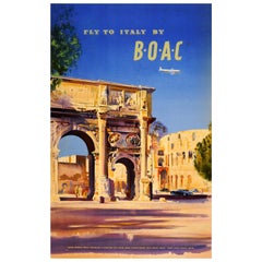 Original Retro Fly To Italy by BOAC Travel Poster Ft. Rome Colosseum And Arch