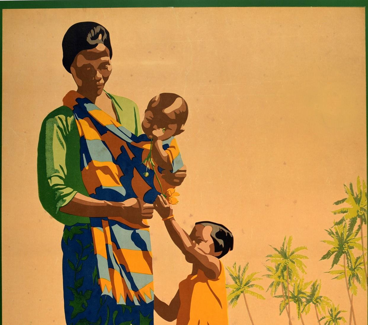 Original vintage travel poster - Malaya (now Peninsular Malaysia and Singapore) - issued by The Federated Malay States Railways Kuala Lumpur featuring a great image of a lady in a traditional patterned sarong holding her baby with a young child