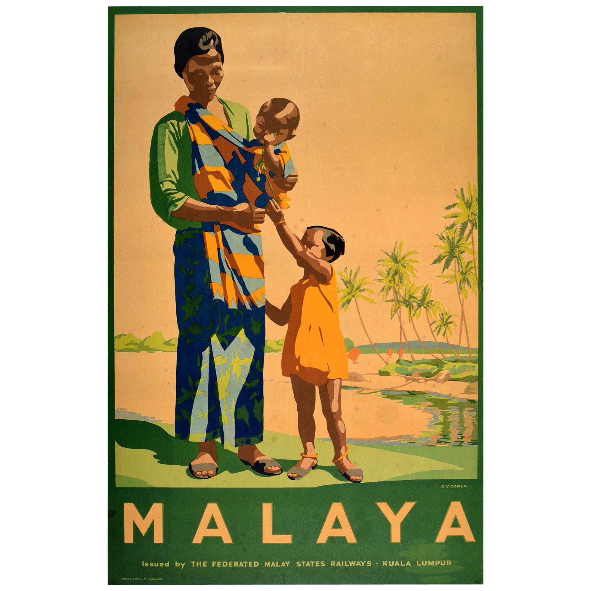 Original Vintage FMS Railway Travel Poster For Malaya - Malaysia Singapore Asia