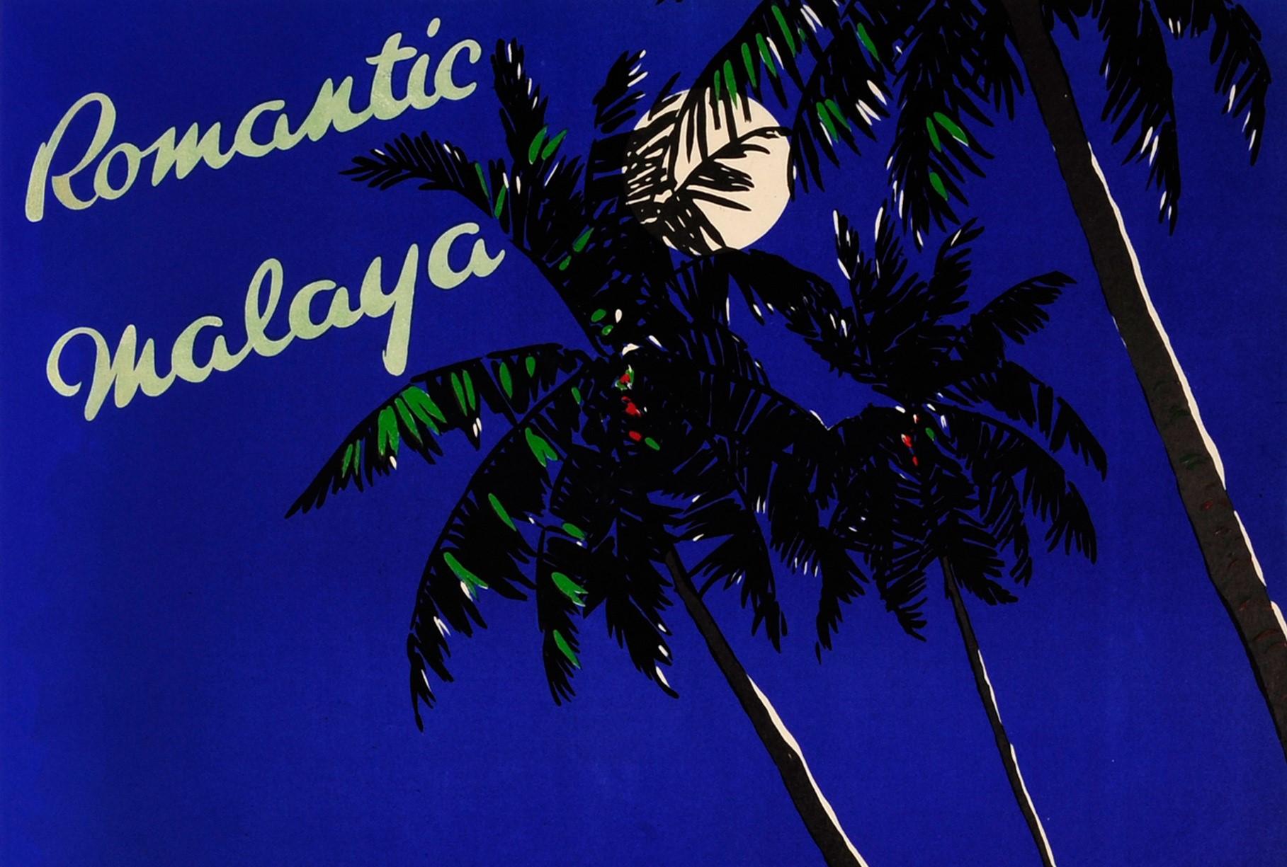 Original vintage travel poster for Romantic Malaya (now Peninsular Malaysia and Singapore) featuring a stunning night time illustration of an idyllic sandy beach scene with a calm sea and palm trees in front of a full moon next to the stylised text