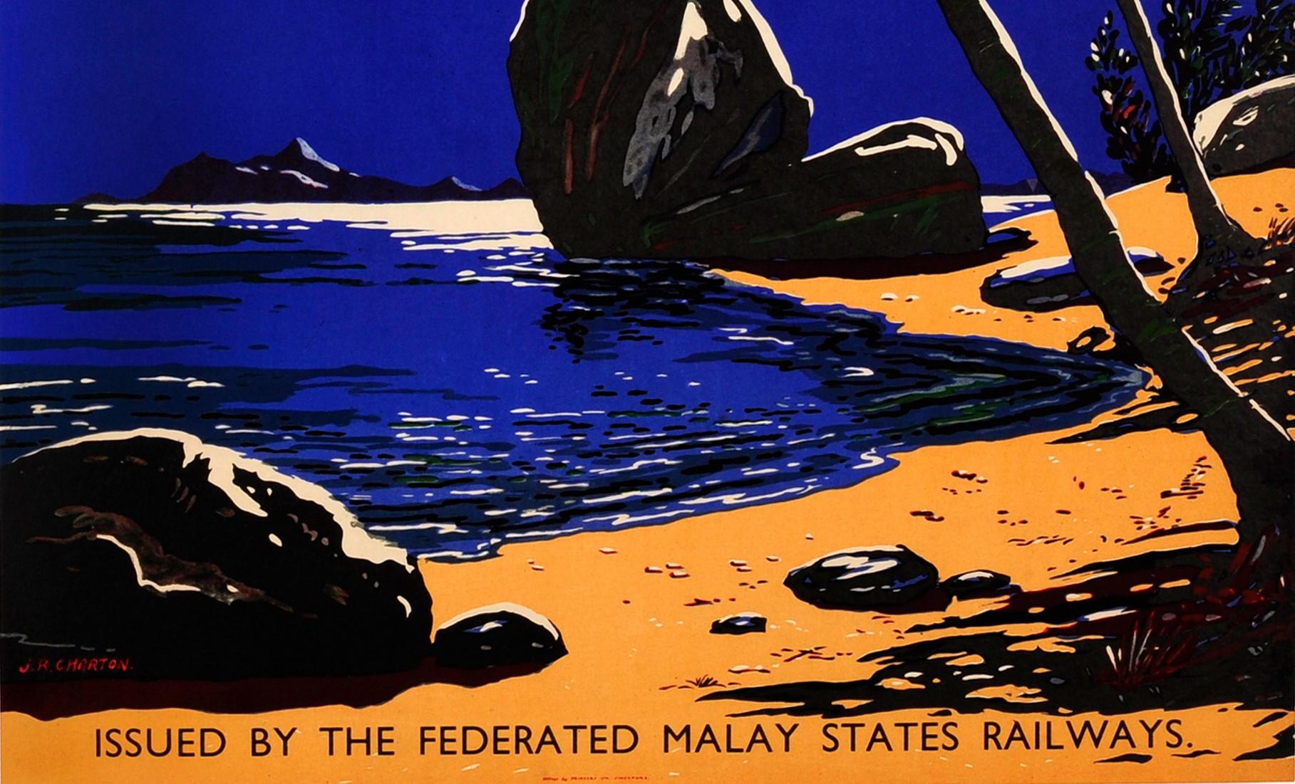 Original Vintage FMS Railway Travel Poster Romantic Malaya / Malaysia Singapore In Good Condition For Sale In London, GB