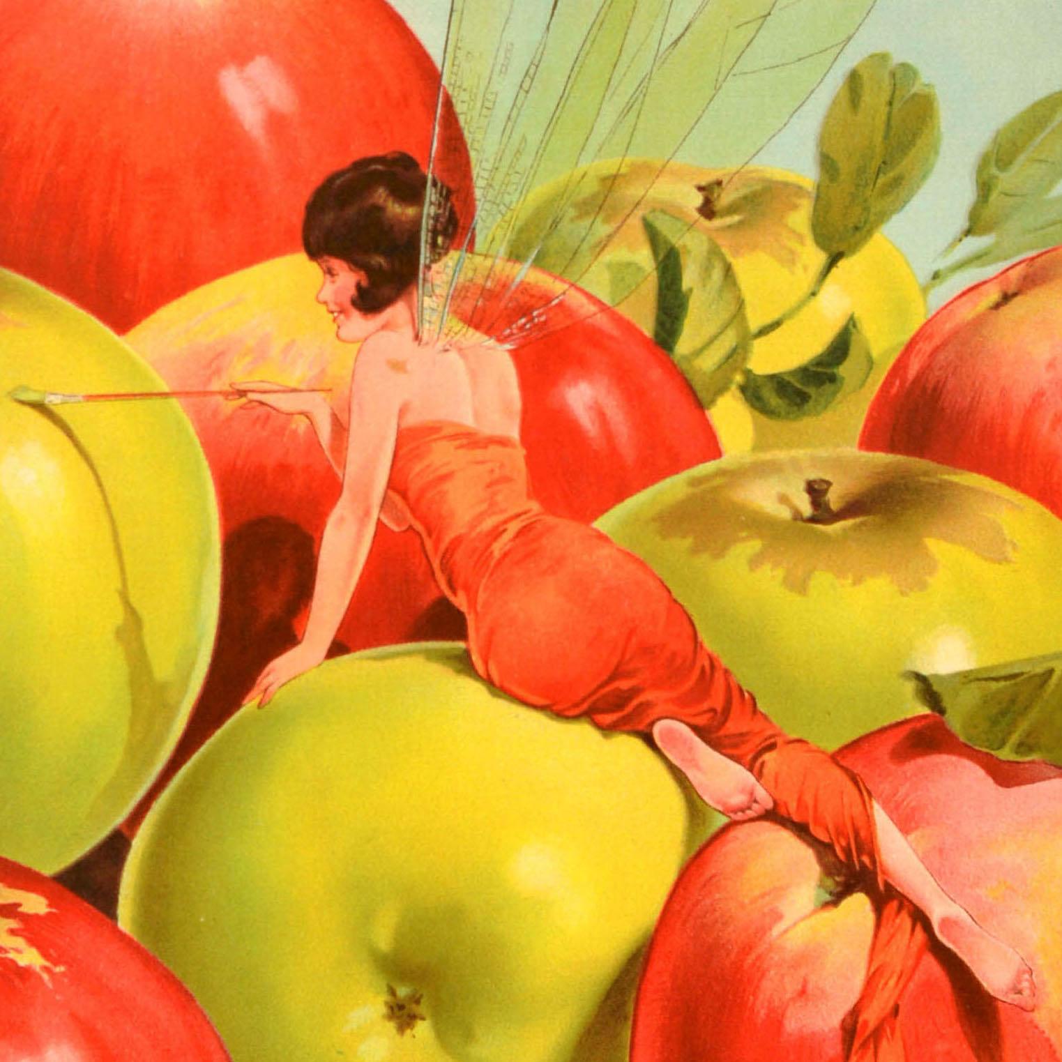 Original vintage food advertising poster - Apples The Finishing Touch to Perfect Health - featuring an illustration of fairies painting the red and green apples with the stylised lettering above the fruit on the sky background. Fair condition,