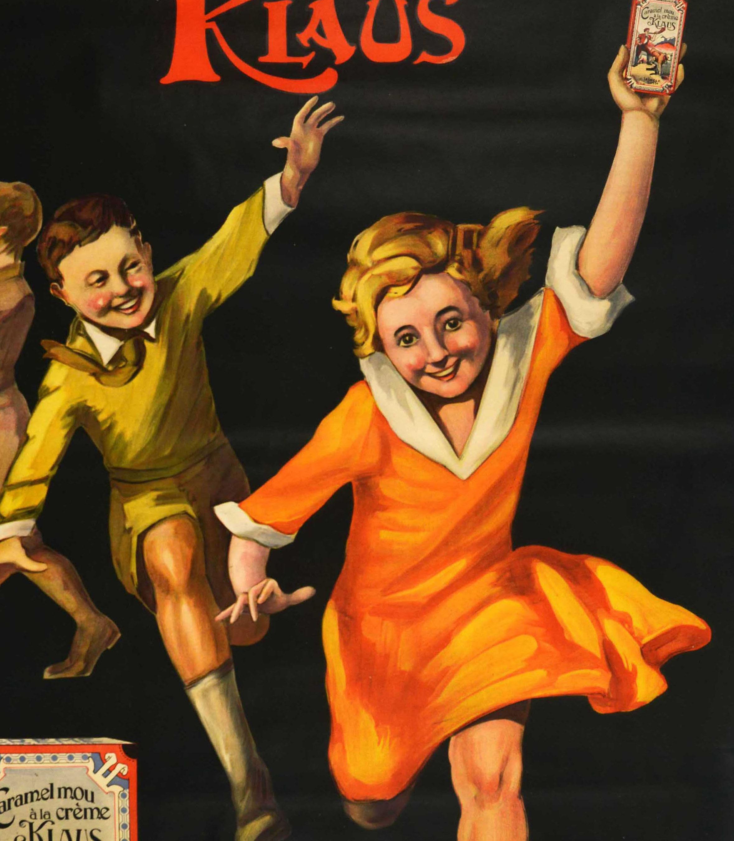 Original vintage food advertising poster for a Swiss chocolate company - Caramel Mou a la Creme Klaus - featuring a great design by Giovanni Bonfatti (b.1904) depicting happy children running on a background, the girl at the front holding a box of