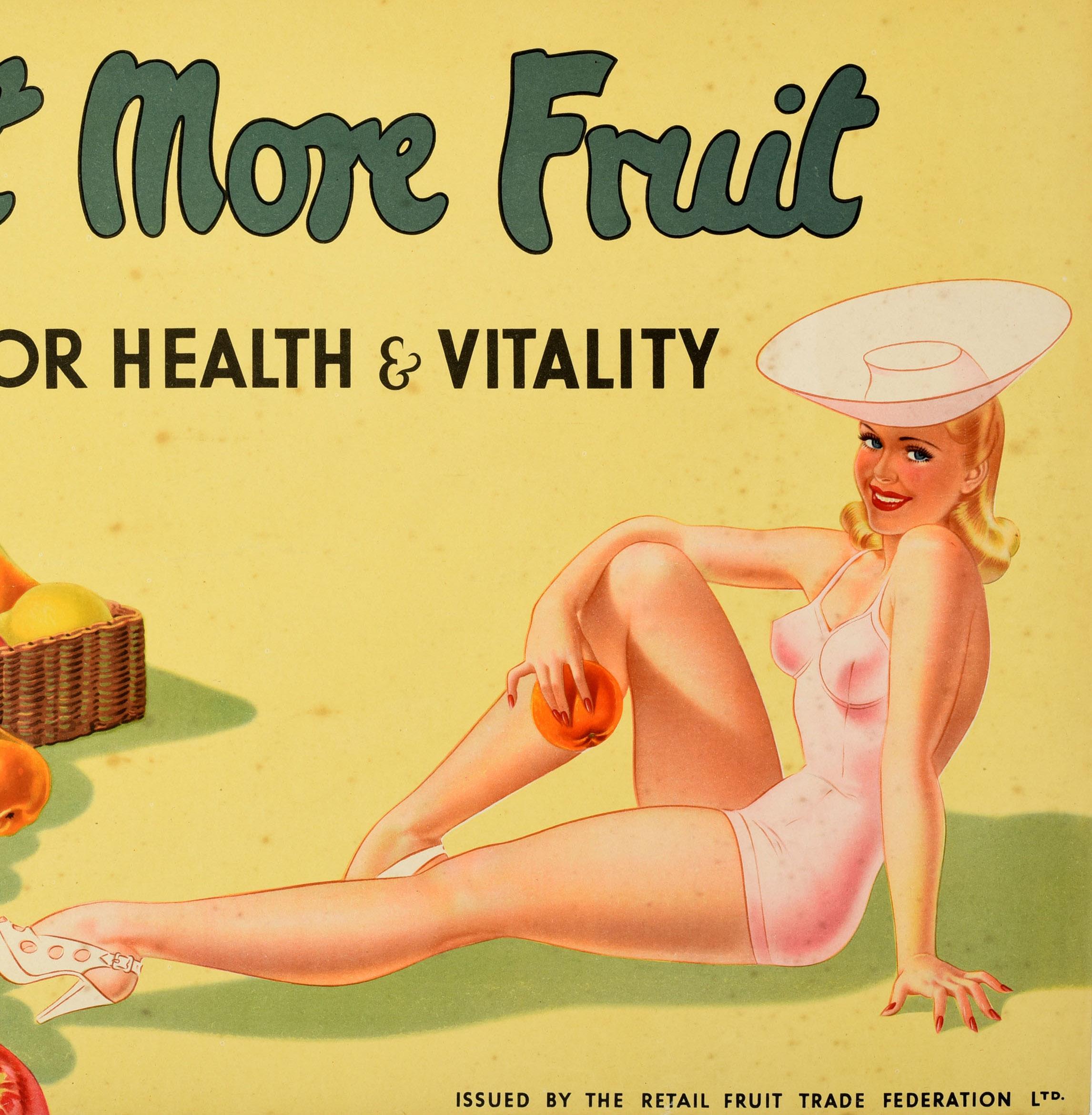 Original vintage food advertising poster - Eat More Fruit for Health and Vitality - featuring a smiling young lady in pin up style artwork wearing a fashionable pink swimming costume, sun hat and heeled shoes against the yellow background, a hamper