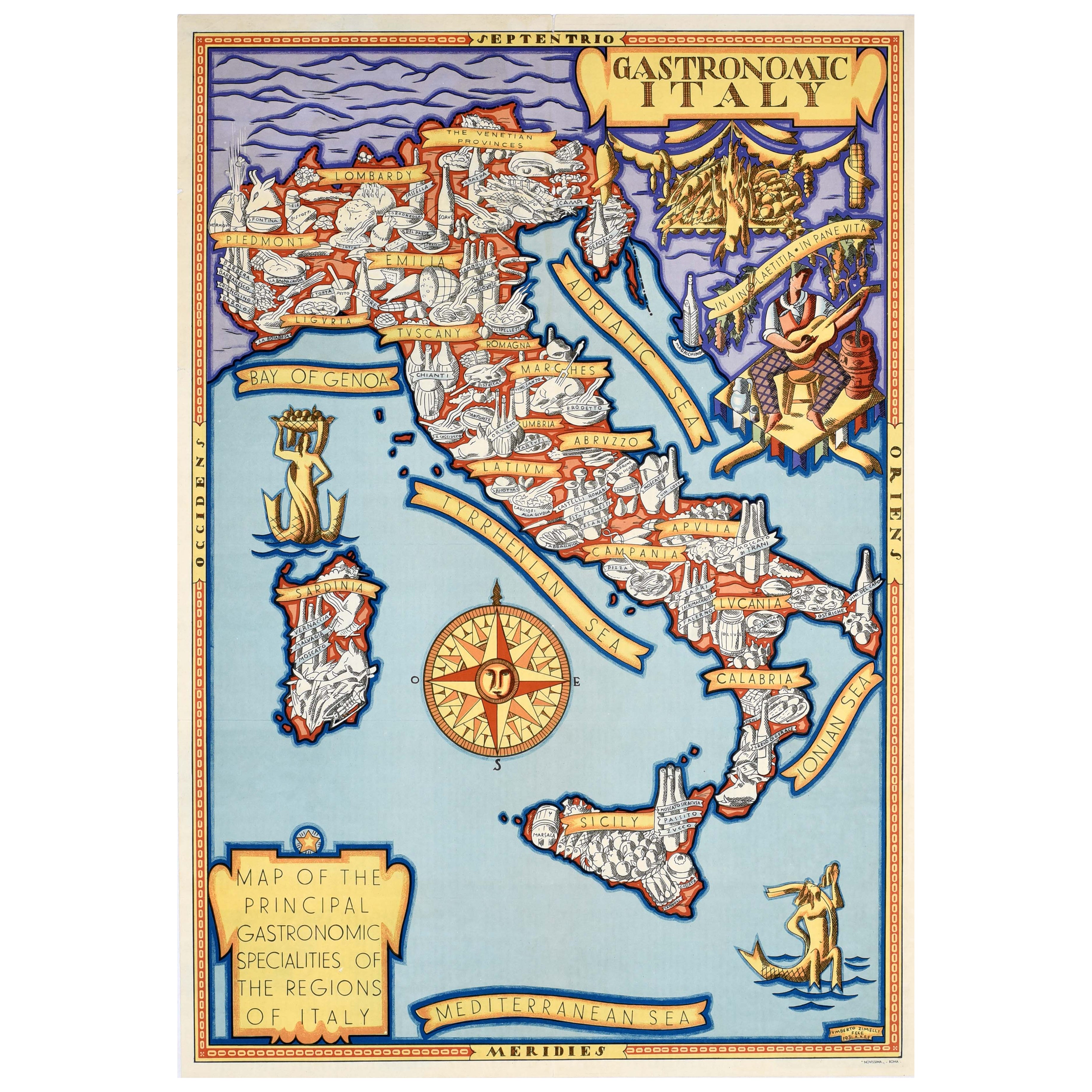 Original Vintage Food And Drink Advertising Poster Gastronomic Italy Map Zimelli