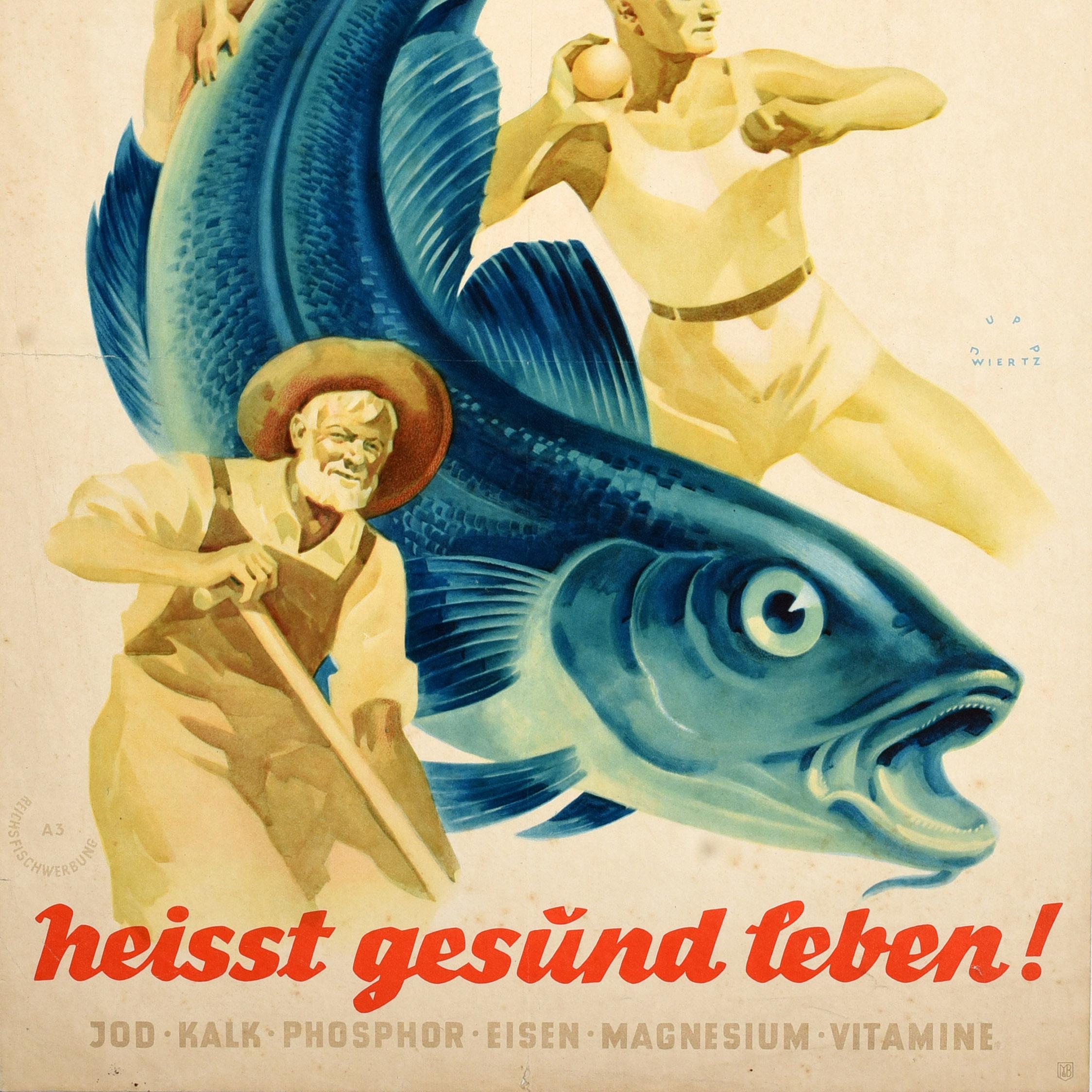 Tedesco Poster alimentare originale d'epoca Mangiare pesce è una vita sana Jupp Wiertz Art Deco in vendita