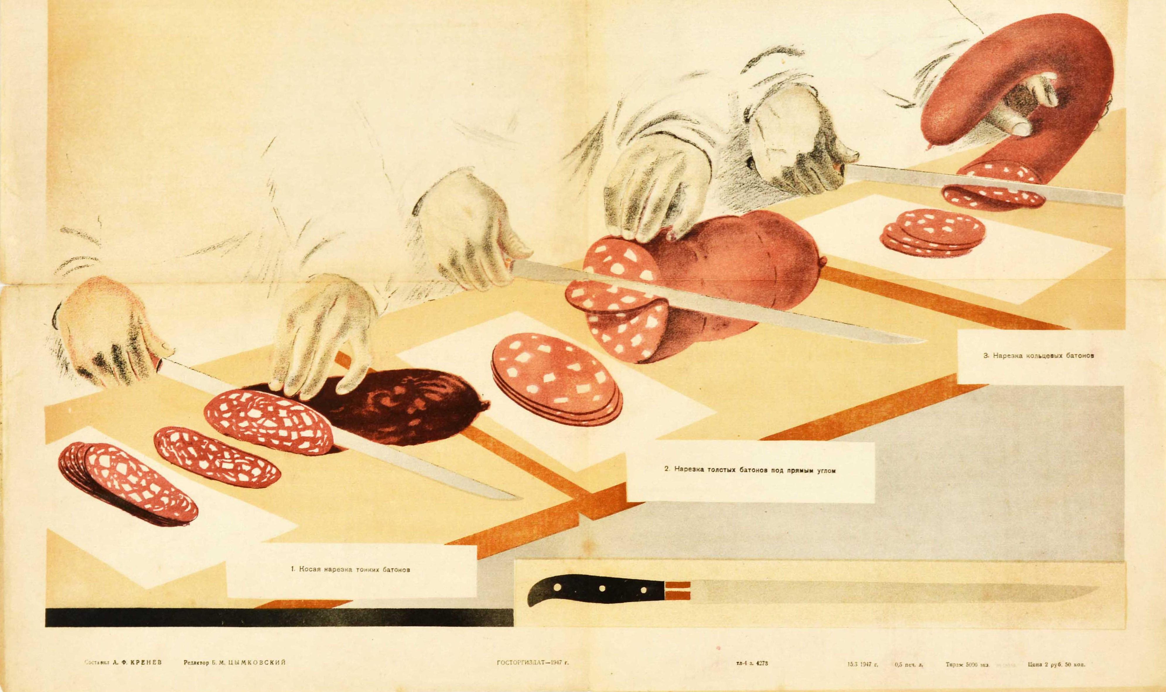 Russian Original Vintage Food Poster Sausage Cutting Standard Methods Meat Slices Cook For Sale