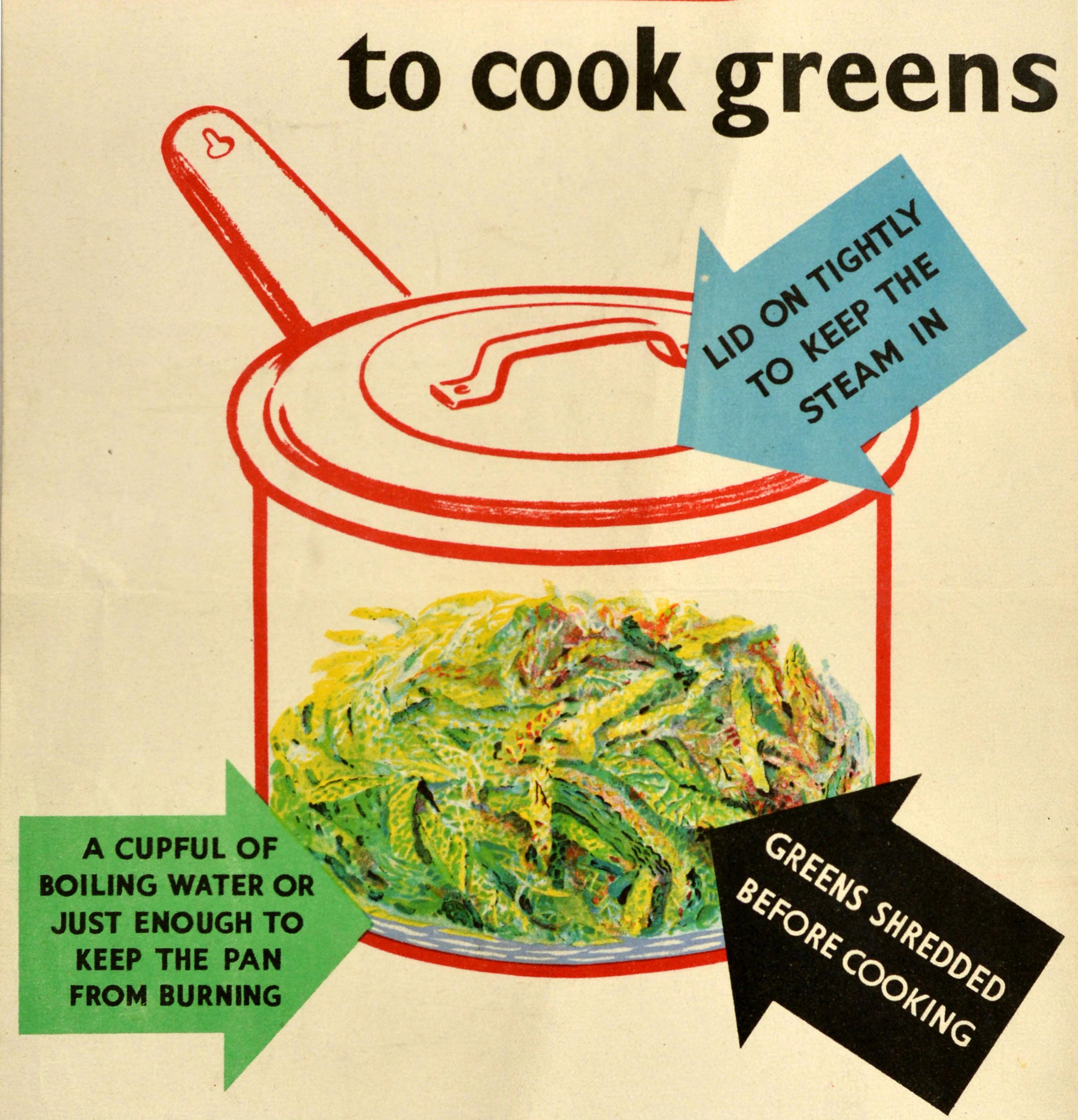 Original-Vintage-Getränkeplakat „The Right Way To Cook Greens“, Kochen in der Küche, Kochen HMSO im Zustand „Gut“ im Angebot in London, GB