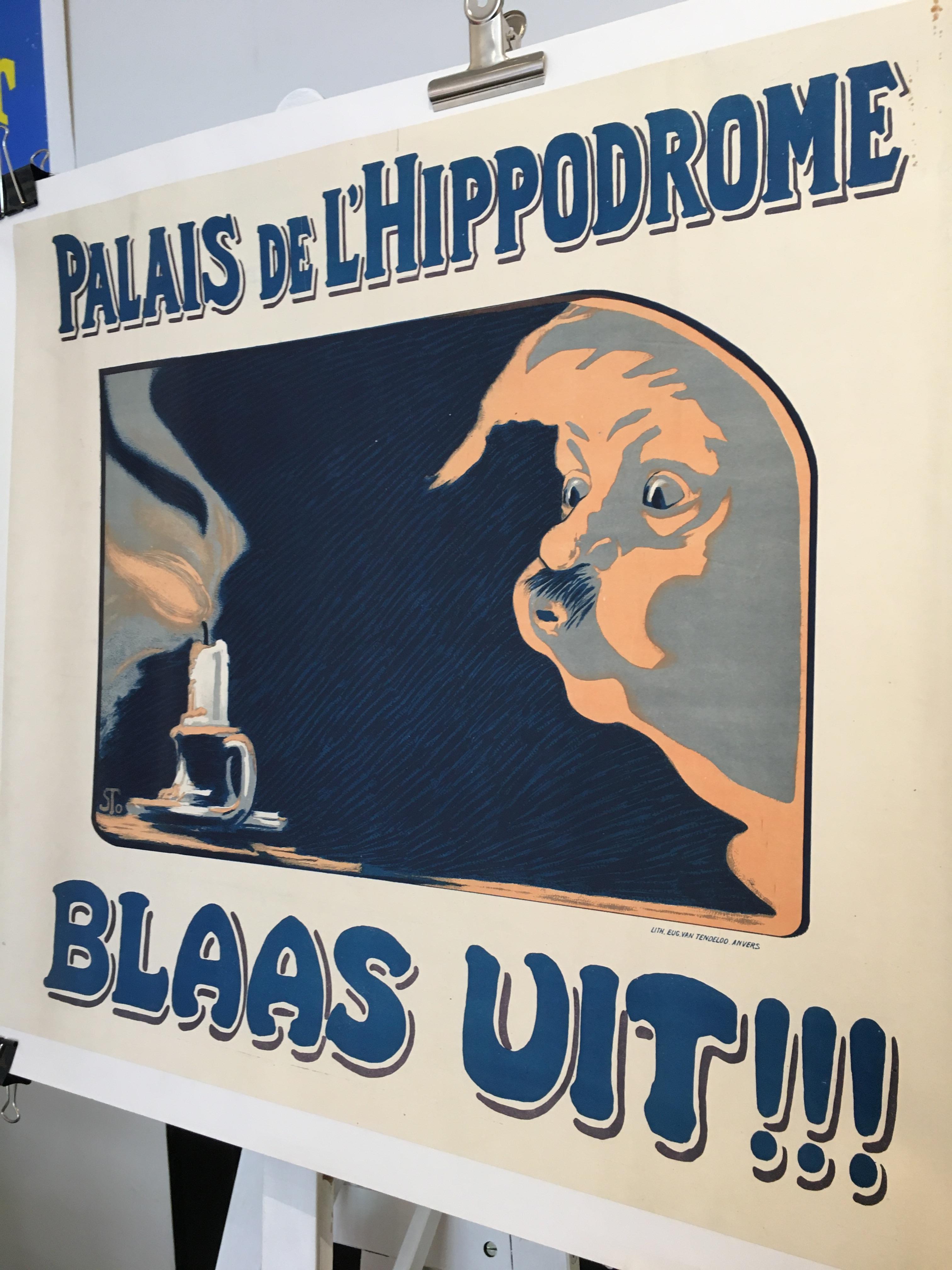 Original vintage French advertising poster 'Palais de L'Hippodrome Blaas Uit’

This is an original lithograph which has been linen backed for conservation. 

Artist: 
Unknown 

Dimensions: 30 x 26 inches 
(77 x 68 cm cm)

Condition: