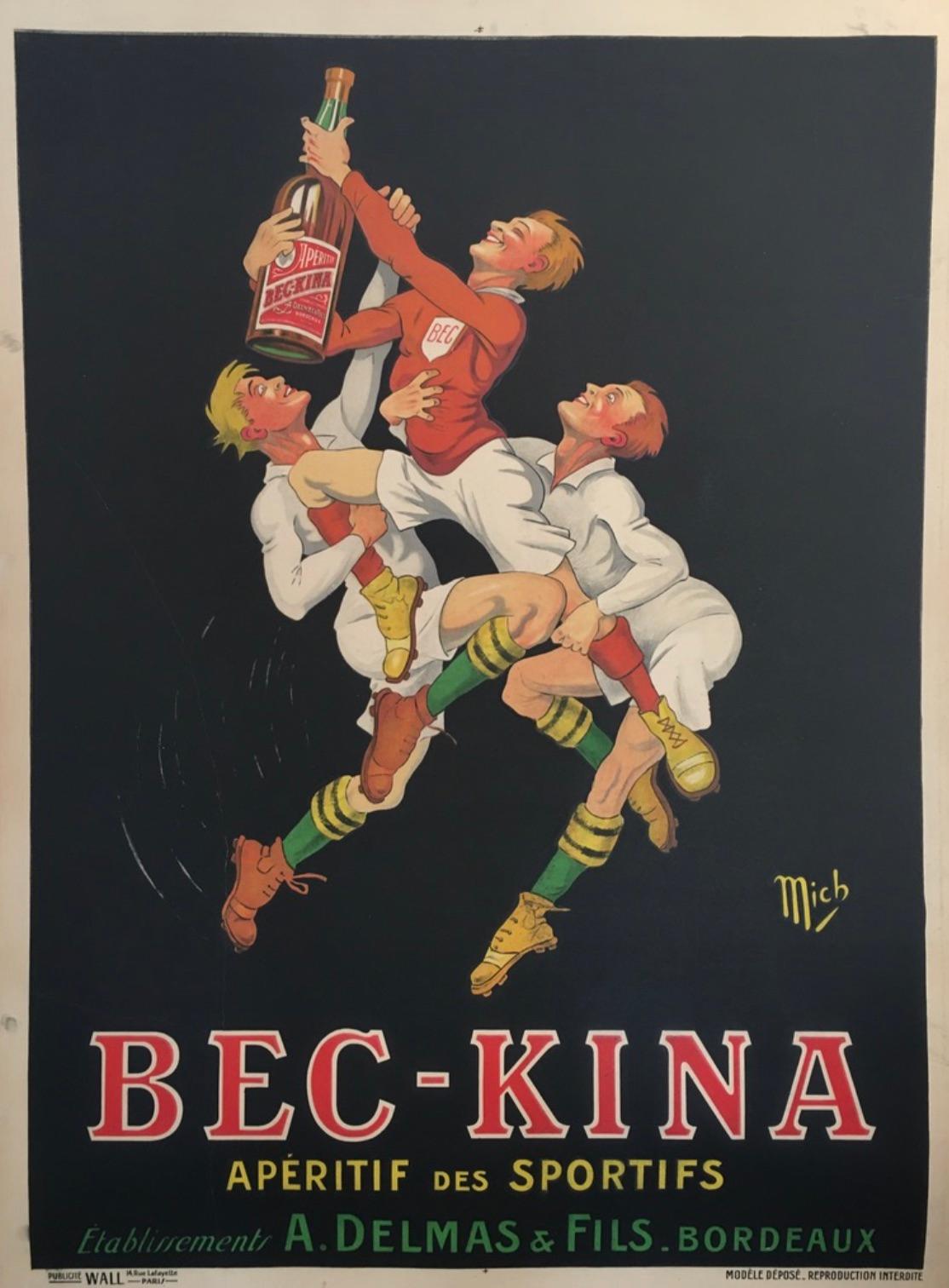 Linen Original Vintage French Art Deco Poster, 'Bec Kina', Apéritif 1910 by Mich