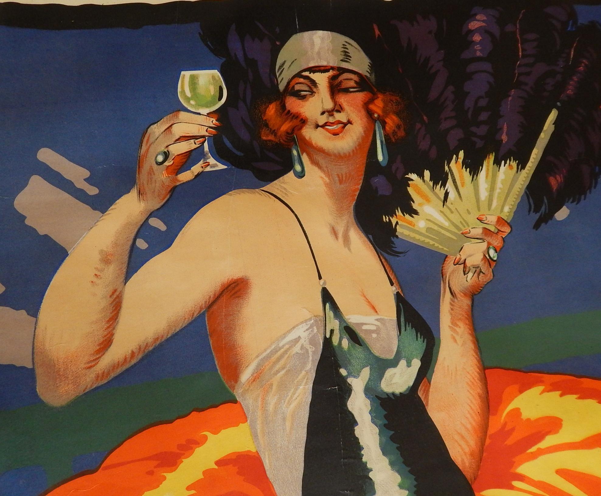 Original, classic, Art Deco vintage alcohol advertising poster designed by Delval for Fap Anis, a French liquor drink made from anise. The ad features Gaby Deslys, a popular actress, flapper, and singer who became famous in 1910 because of her