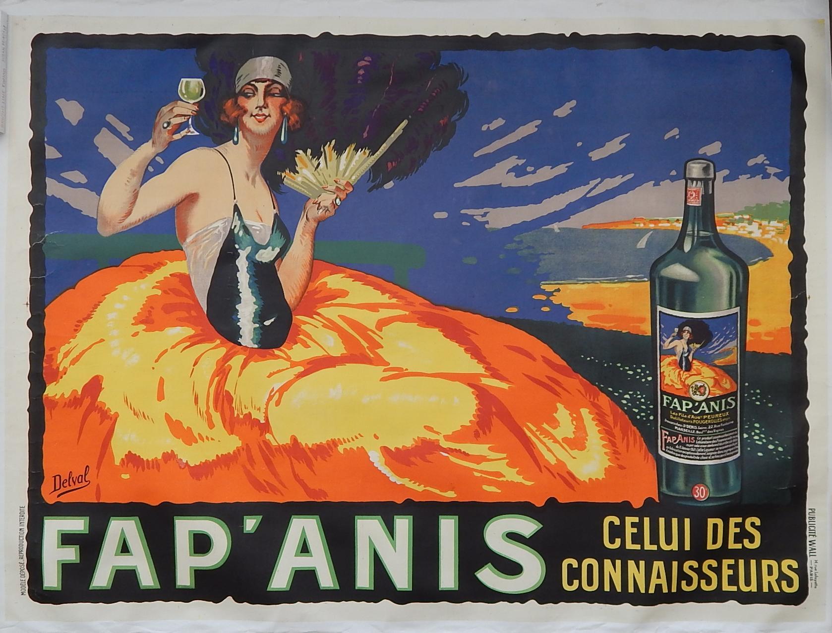20th Century Original Vintage French Art Deco Poster by Delval, circa 1930s, Fap' Anis