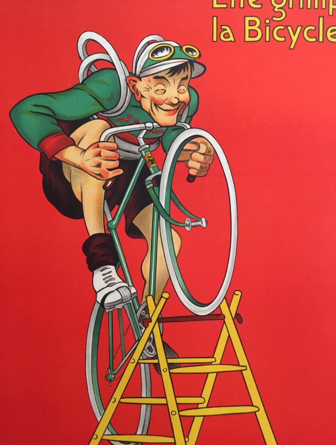 Dieses Originalplakat aus dem Jahr 1919 ist ein Muss für jeden Radsportbegeisterten! Dieses Plakat zeigt auf humorvolle Weise einen Mann, der versucht, mit seinem Fahrrad ohne Speichen eine Leiter hinaufzufahren. Die Farben sind leuchtend, das