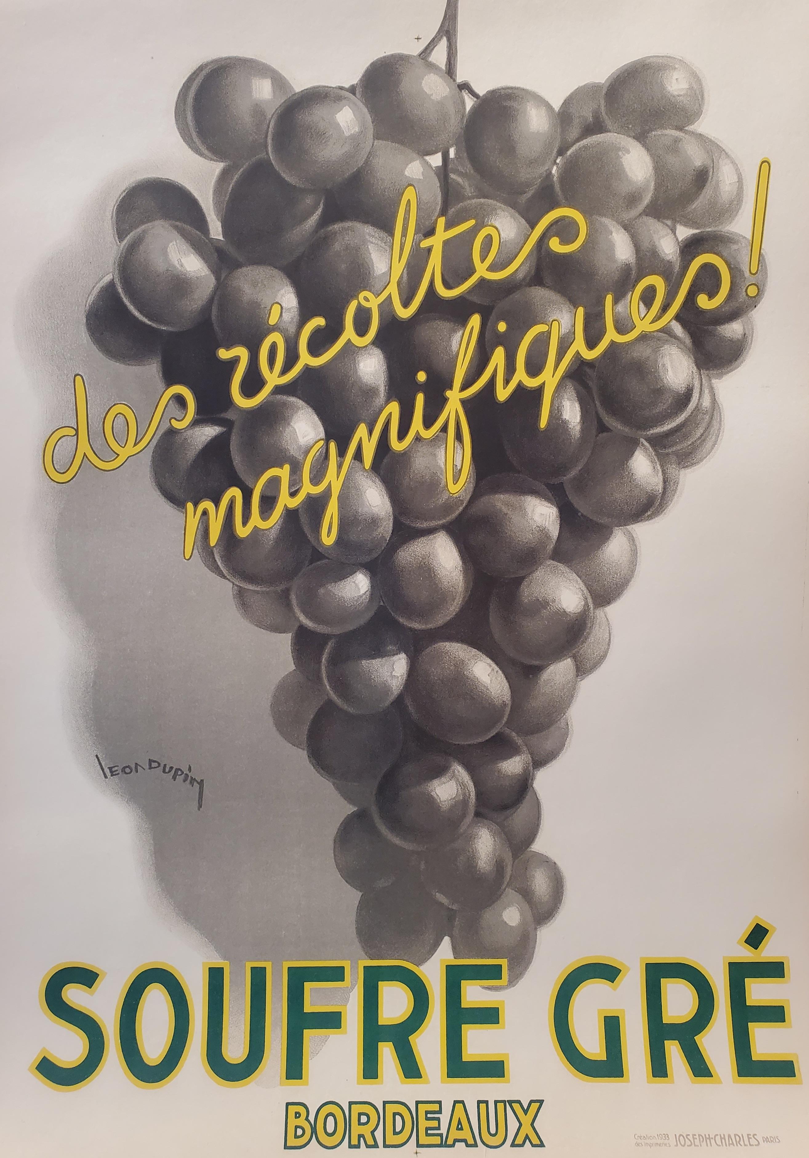 Mid-20th Century Original Vintage French Art Deco Wine Poster, 'Soufre Gre', 1933 by Leon Dupin