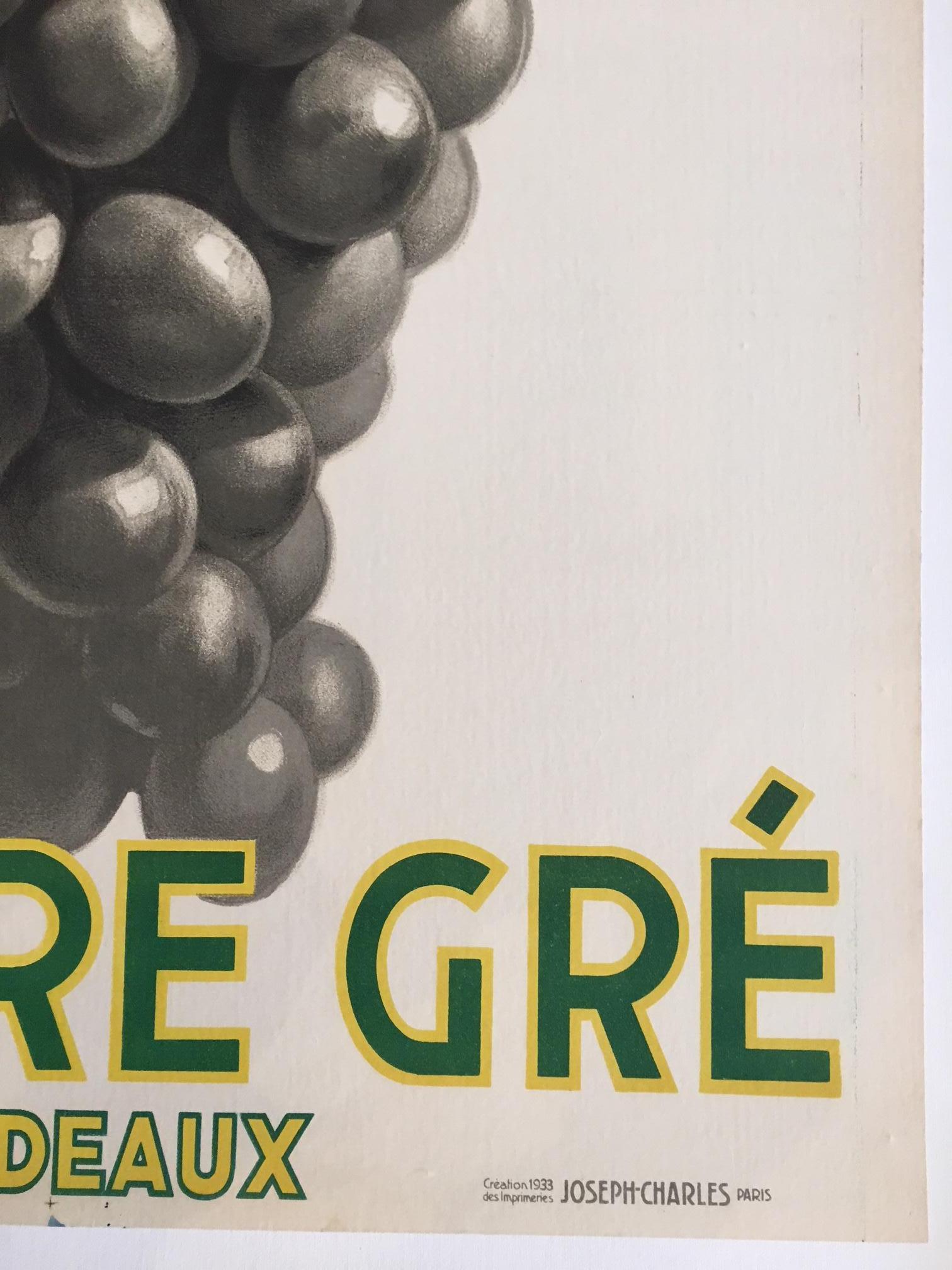 Original Vintage French Art Deco Wine Poster, Soufre Gre, 1933 by Leon Dupin In Excellent Condition In Melbourne, Victoria