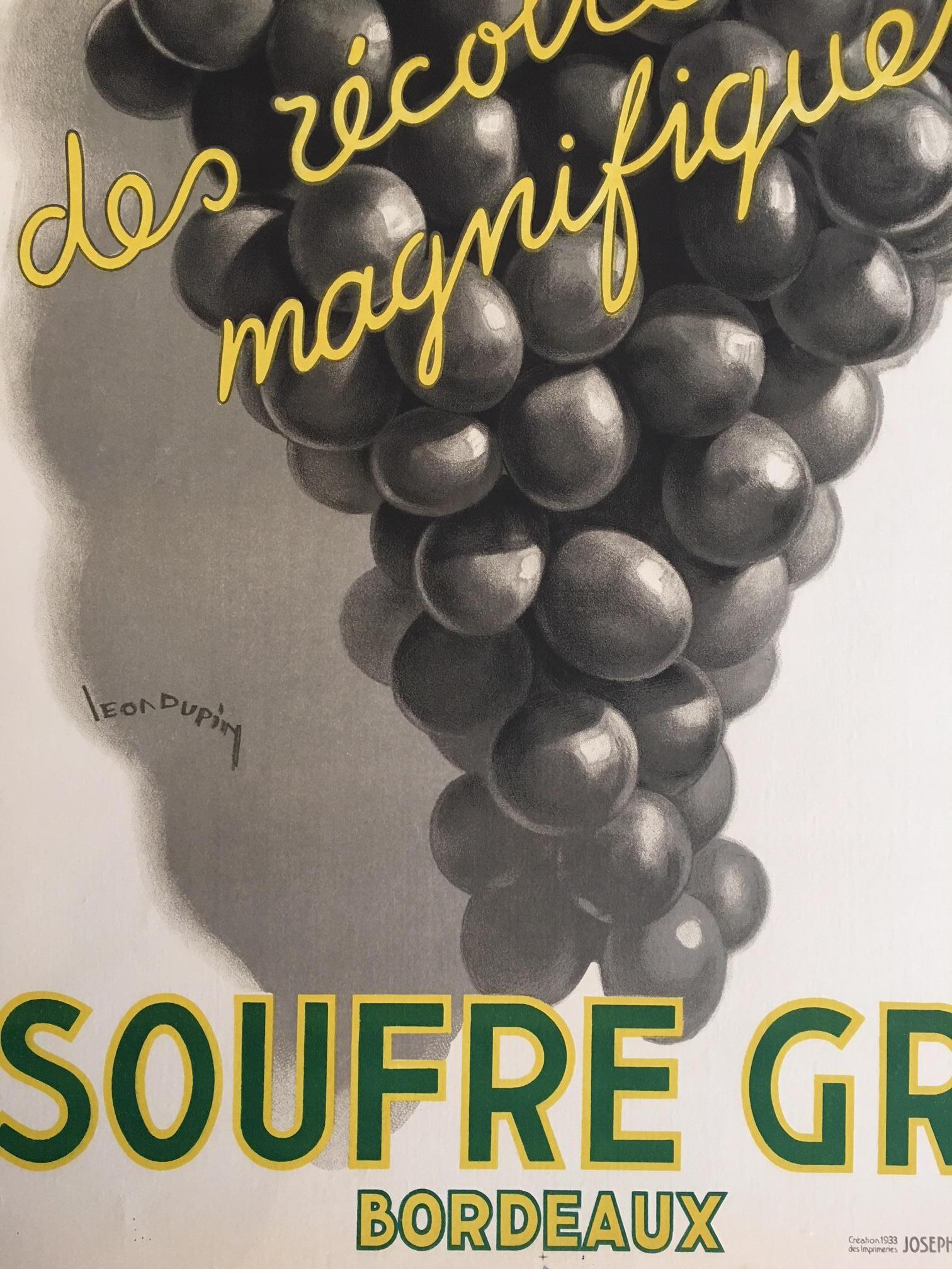 Original Vintage French Art Deco Wine Poster, Soufre Gre, 1933 by Leon Dupin 3