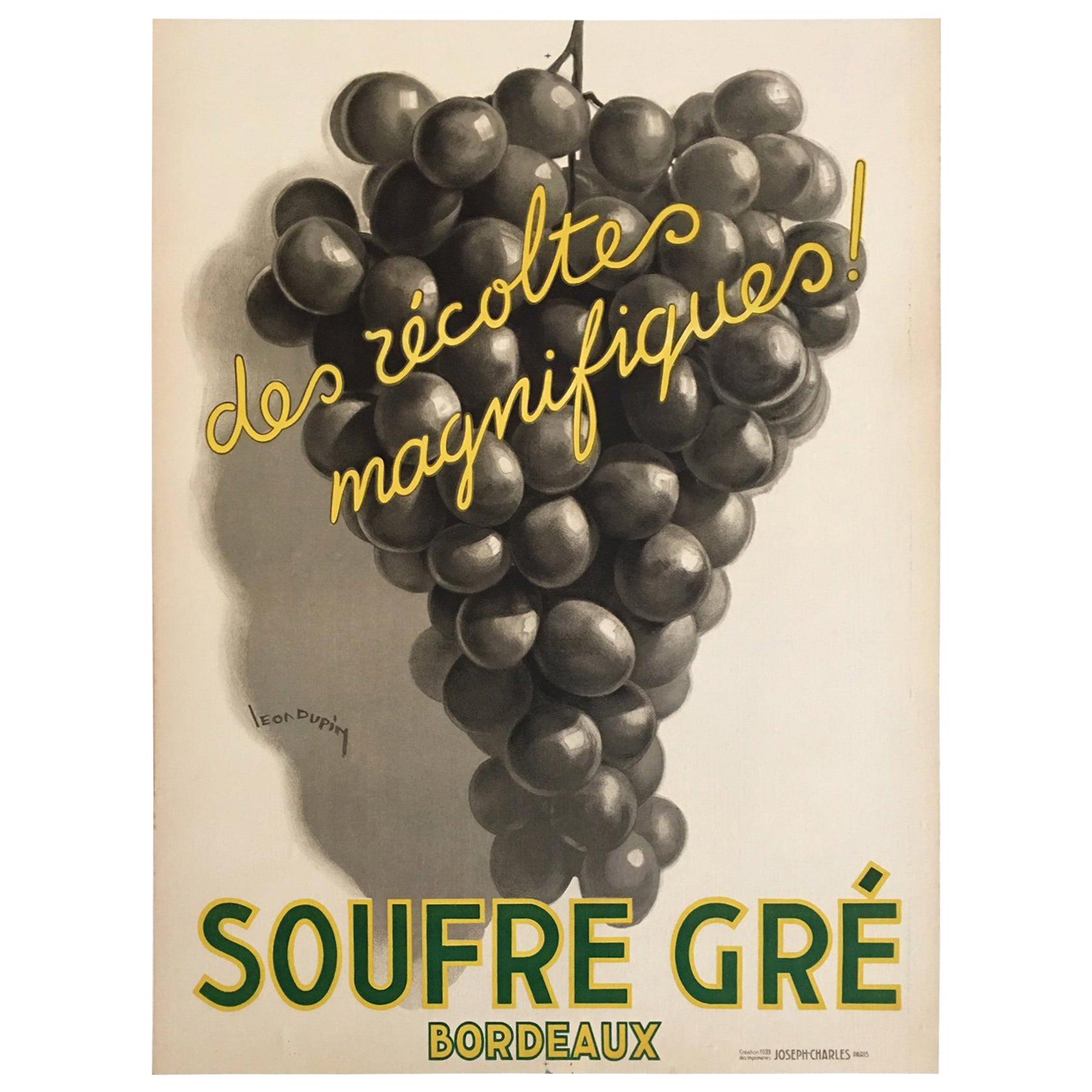 Original Vintage French Art Deco Wine Poster, Soufre Gre, 1933 by Leon