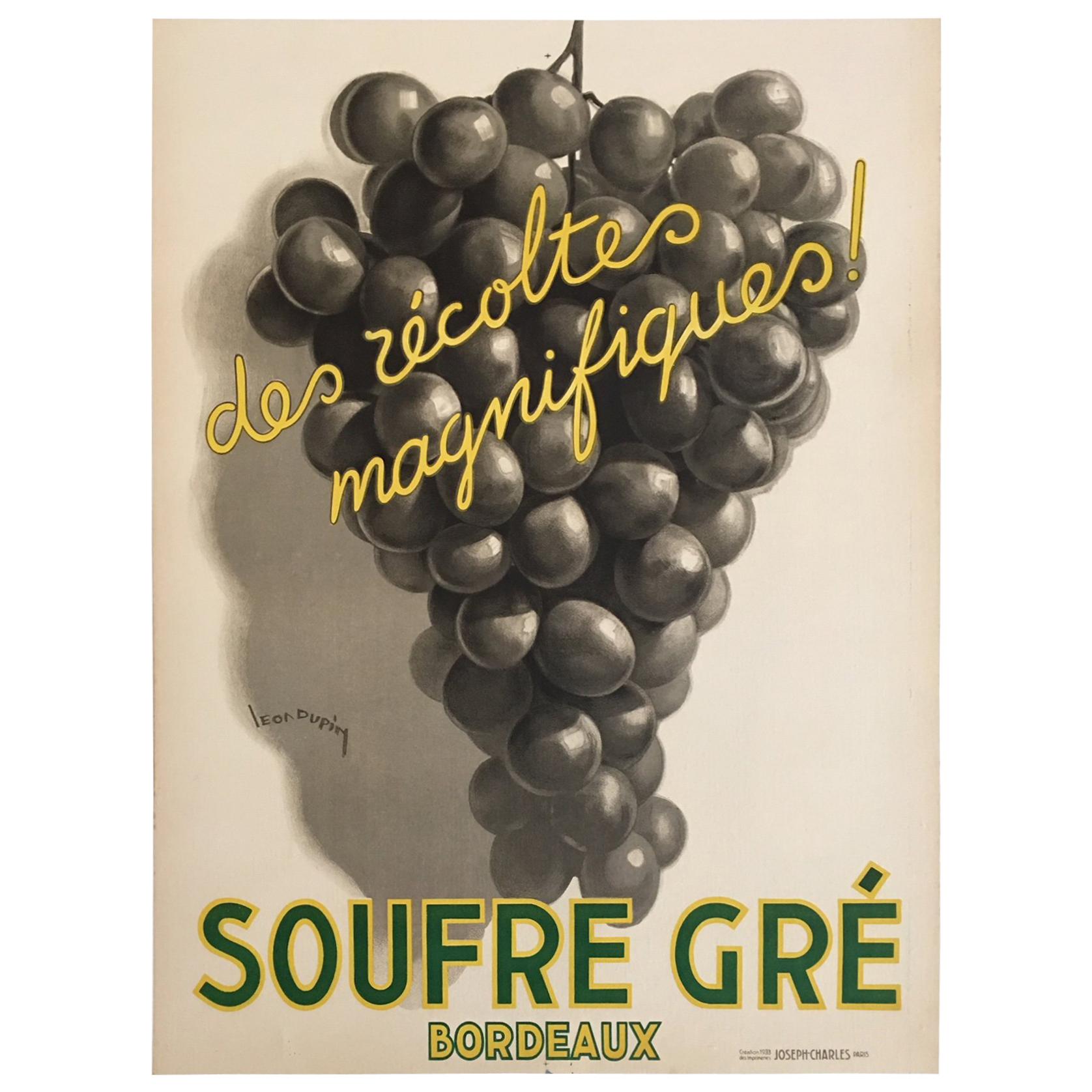 Original Vintage French Art Deco Wine Poster, Soufre Gre, 1933 by Leon Dupin