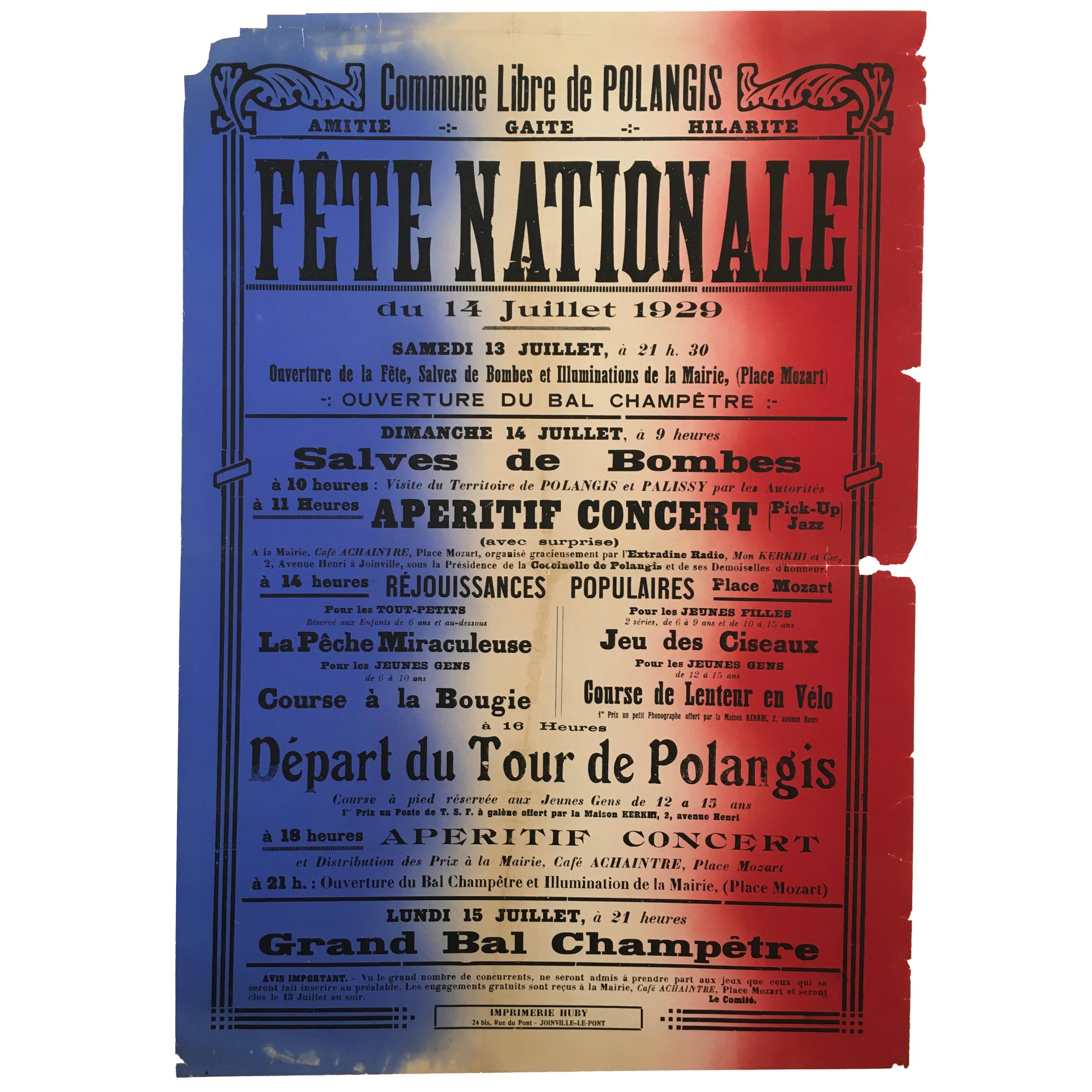 Original Vintage French Bastille Day Lithograph Poster, 'Fete Nationale', 1930