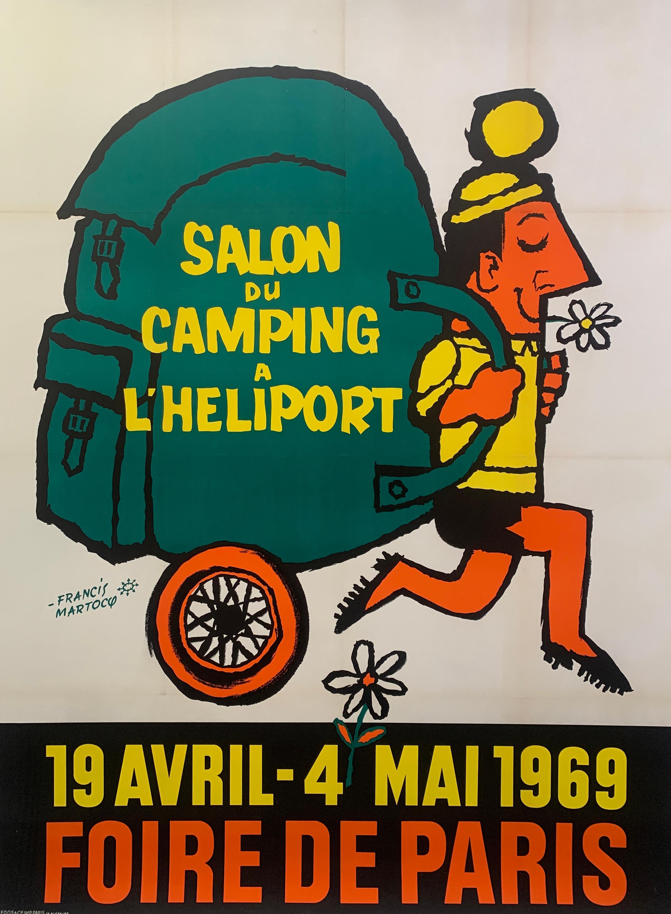 A charming poster for a camping fair, this is an original advertising poster. It has been linen backed for preservation. Perfect for outdoor lovers, campers, hikers!


ARTIST	
Francis Martocq

YEAR	
Circa 1950's

CONDITION	
Good, linen backed some