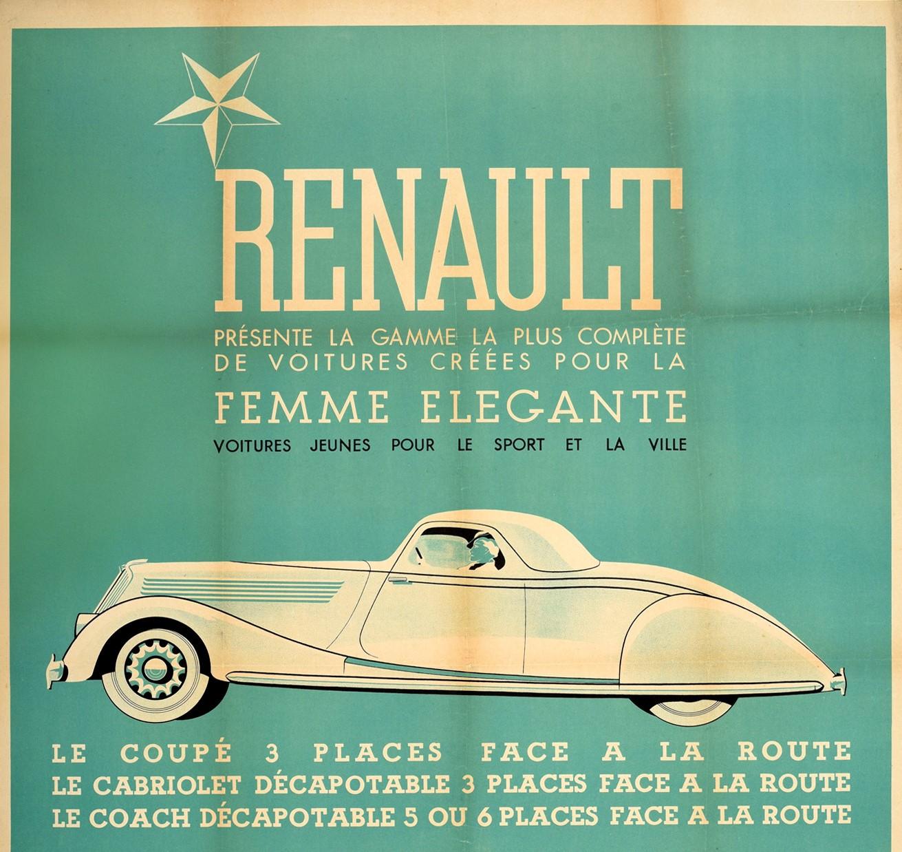 Affiche publicitaire originale Art of Vintage pour le constructeur automobile français Renault (fondé en 1899) - Femme Elegante - avec une superbe illustration d'une dame élégante au volant d'une voiture Renault classique sur un fond turquoise, avec