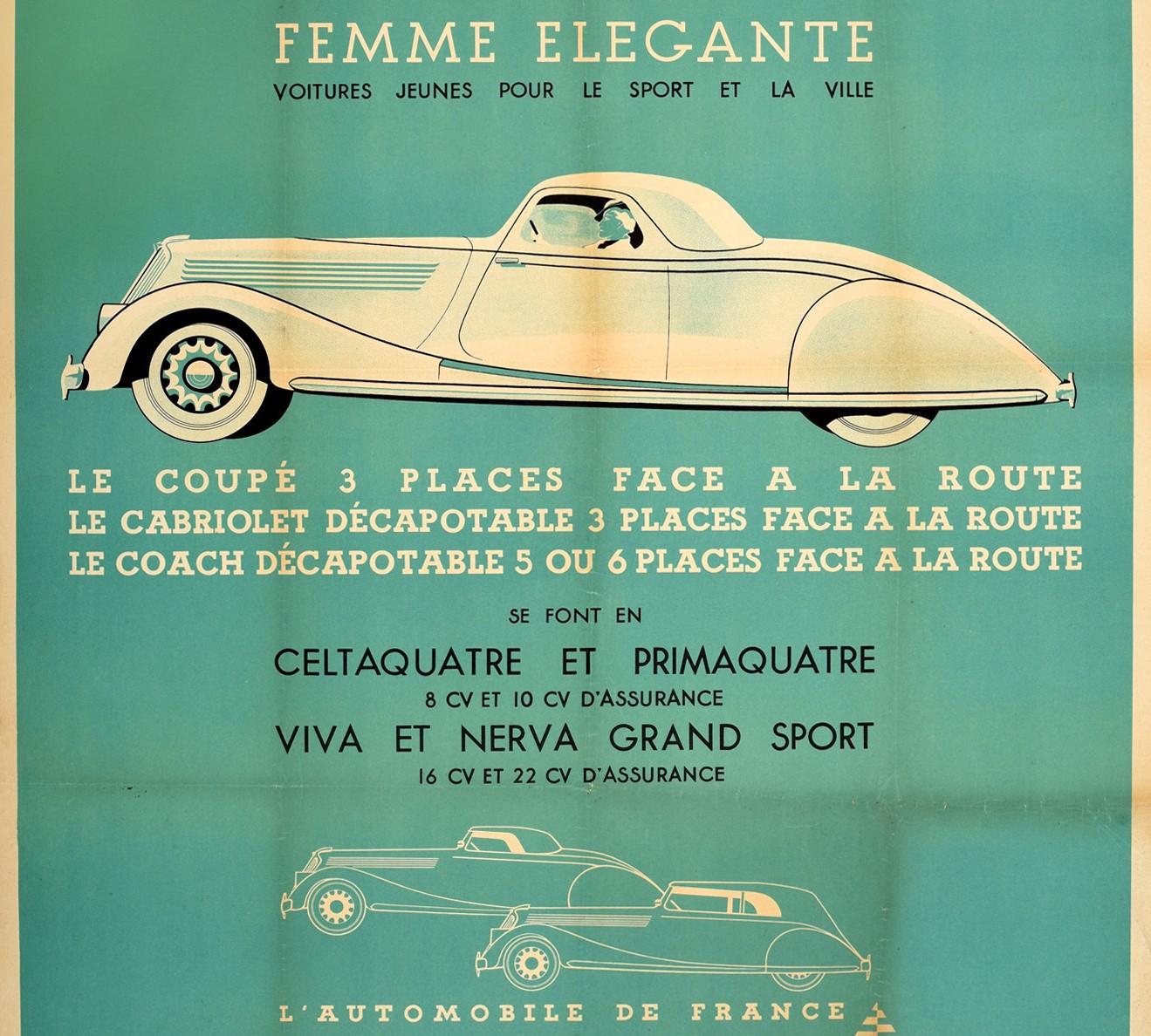 Art déco Affiche originale et ancienne de voiture Renault Coupé-Cabriolet 