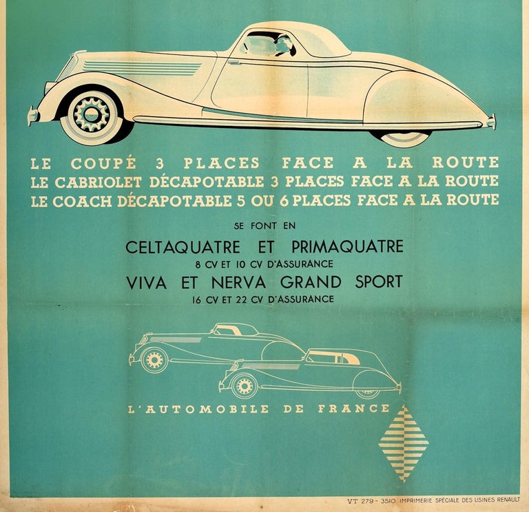 Original Vintage French Car Poster Renault Femme Elegante Coupe Cabriolet Coach In Good Condition For Sale In London, GB