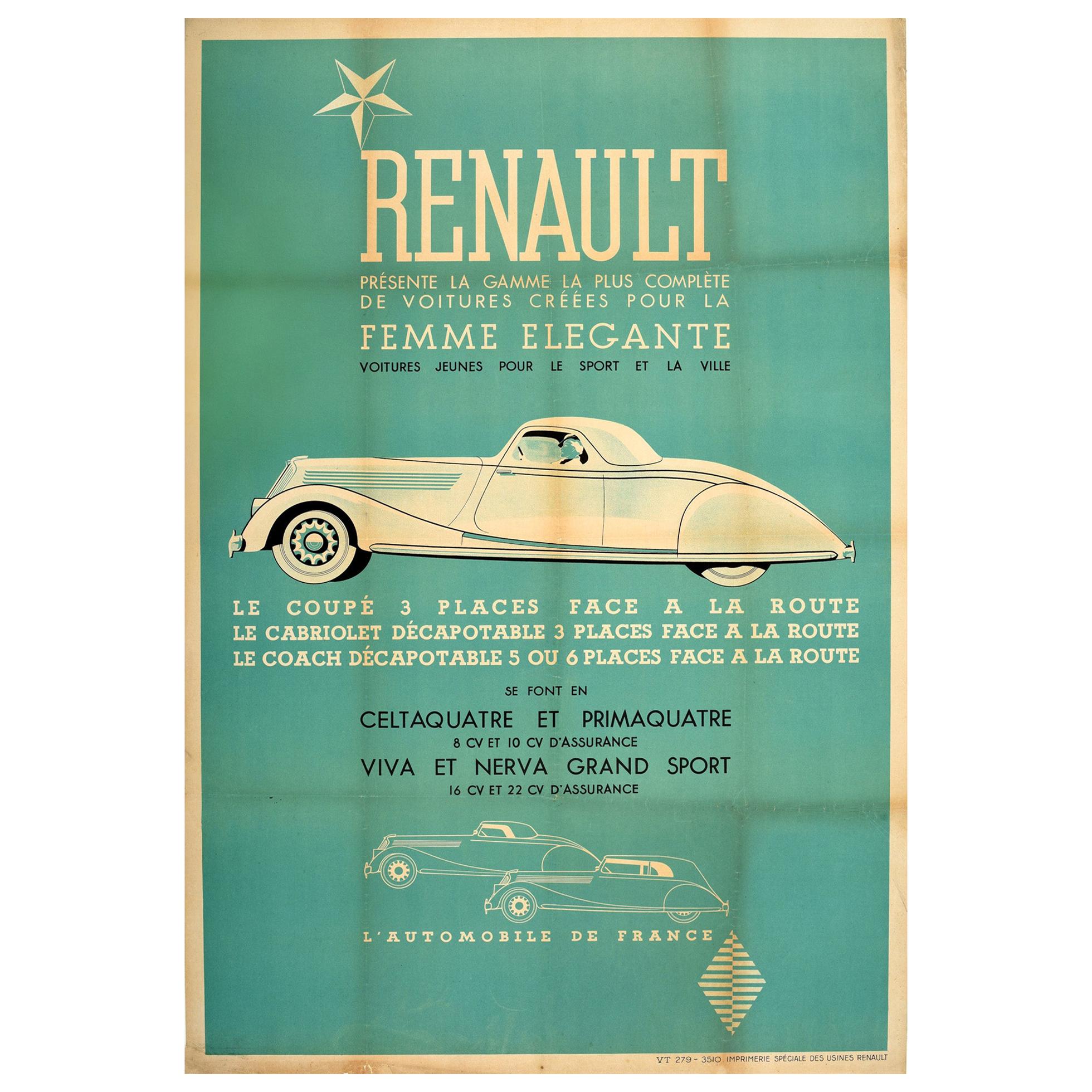 Original Vintage French Car Poster Renault Femme Elegante Coupe Cabriolet Coach For Sale