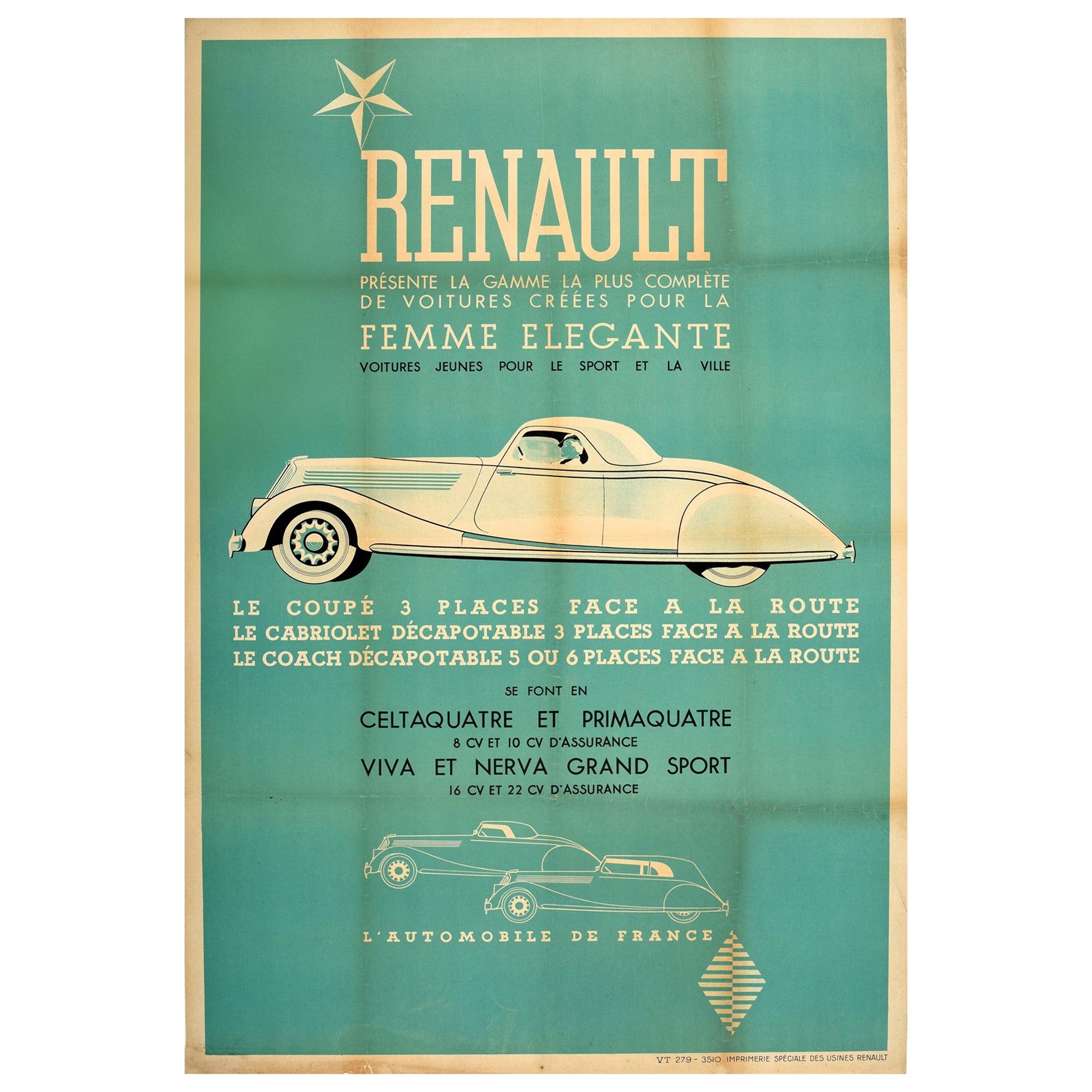 Original Vintage French Car Poster Renault Femme Elegante Coupe Cabriolet Coach