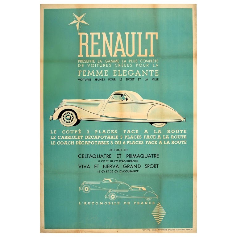Original Vintage French Car Poster Renault Femme Elegante Coupe Cabriolet Coach For Sale
