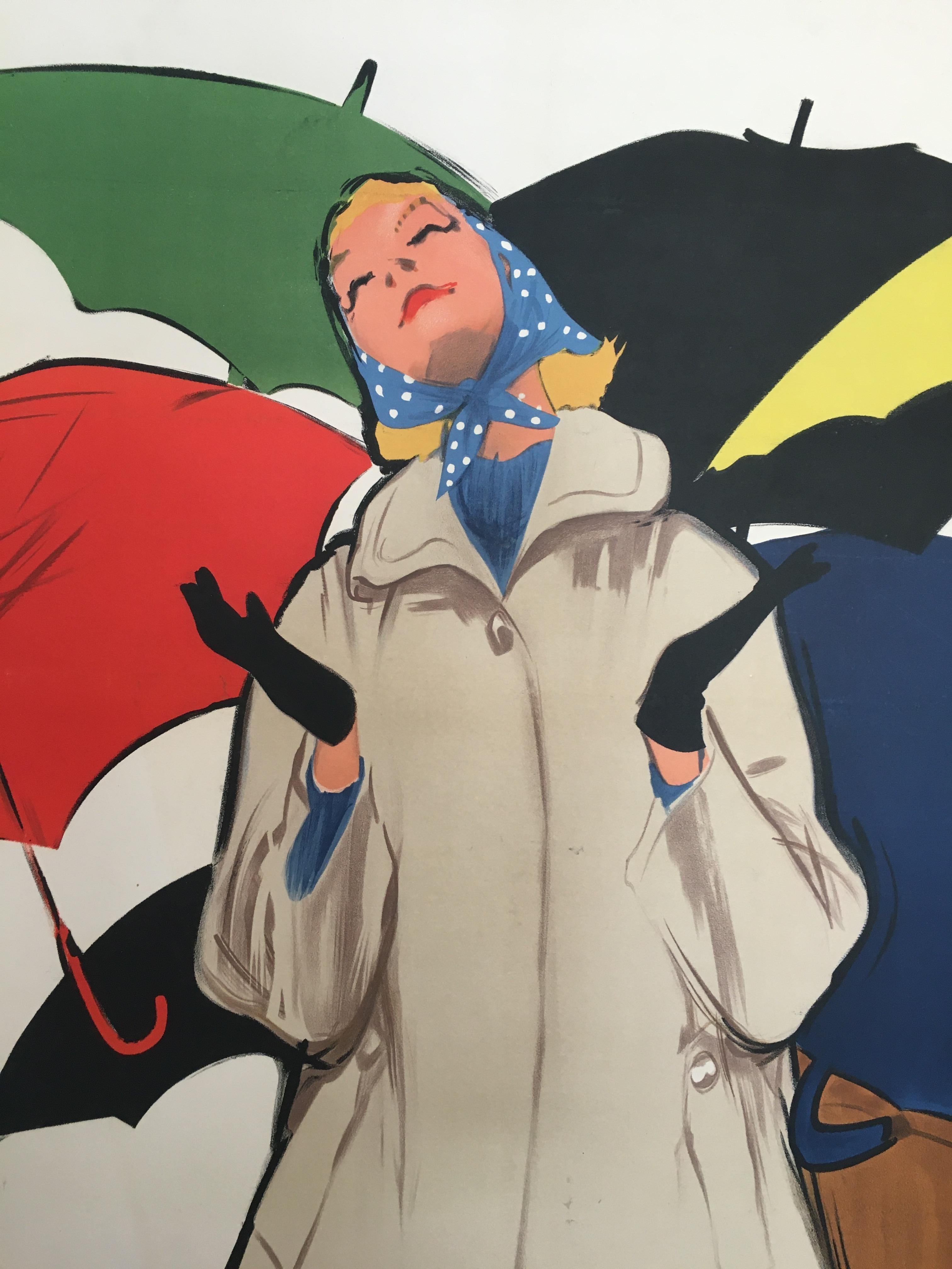 Original vintage French fashion advertisement poster Blizzand umbrellas by Gruau

Gruau’s fashion illustrations epitomize the glamour and sophistication of fifties couture, gracing the era’s most iconic magazines and advertisements, from Vogue and