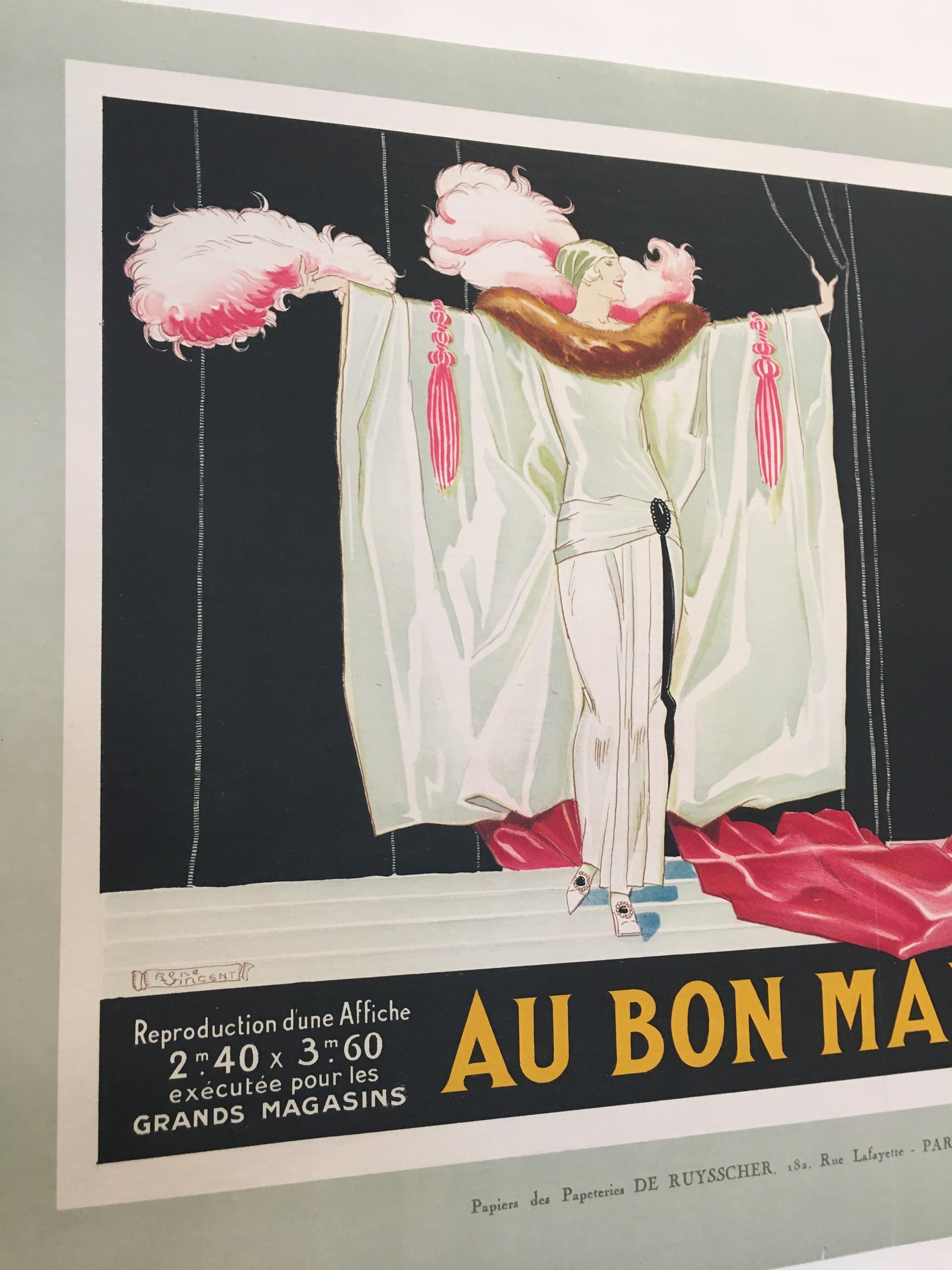 Original vintage French lithograph poster, 'Au Bon Marche' by Rene Vincent, 1920

René Vincent was a French illustrator who was active in the 1920s-1930s. He worked in an Art Deco style and became famous for his poster designs. He was influential