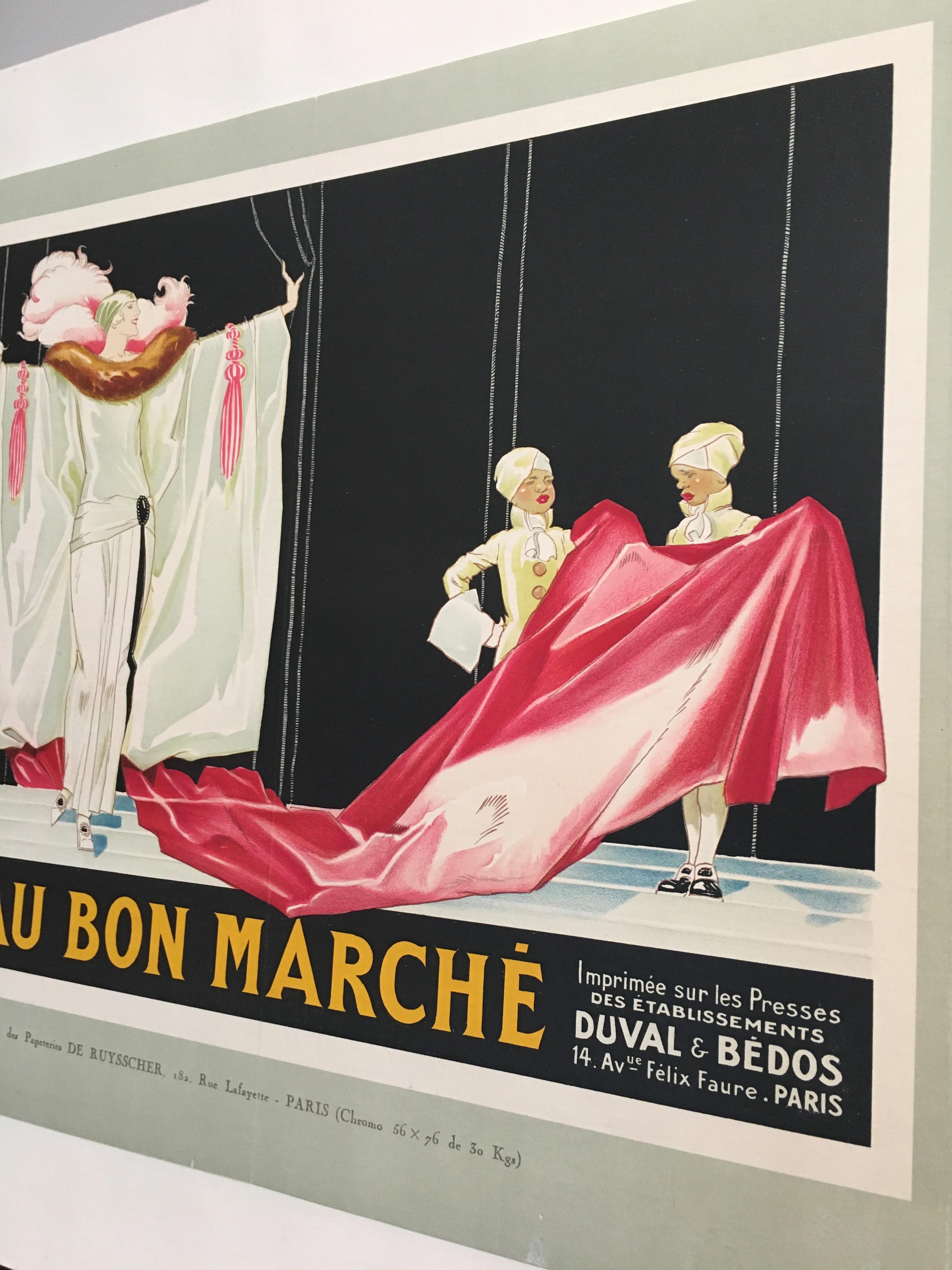 Art déco Affiche française d'origine en lithographie vintage, « Au Bon Marche » par René Vincent, 1920 en vente