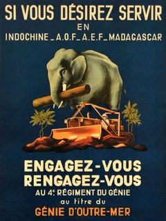 Original Vintage French Military Recruitment Poster Serve In Indochina Elephant