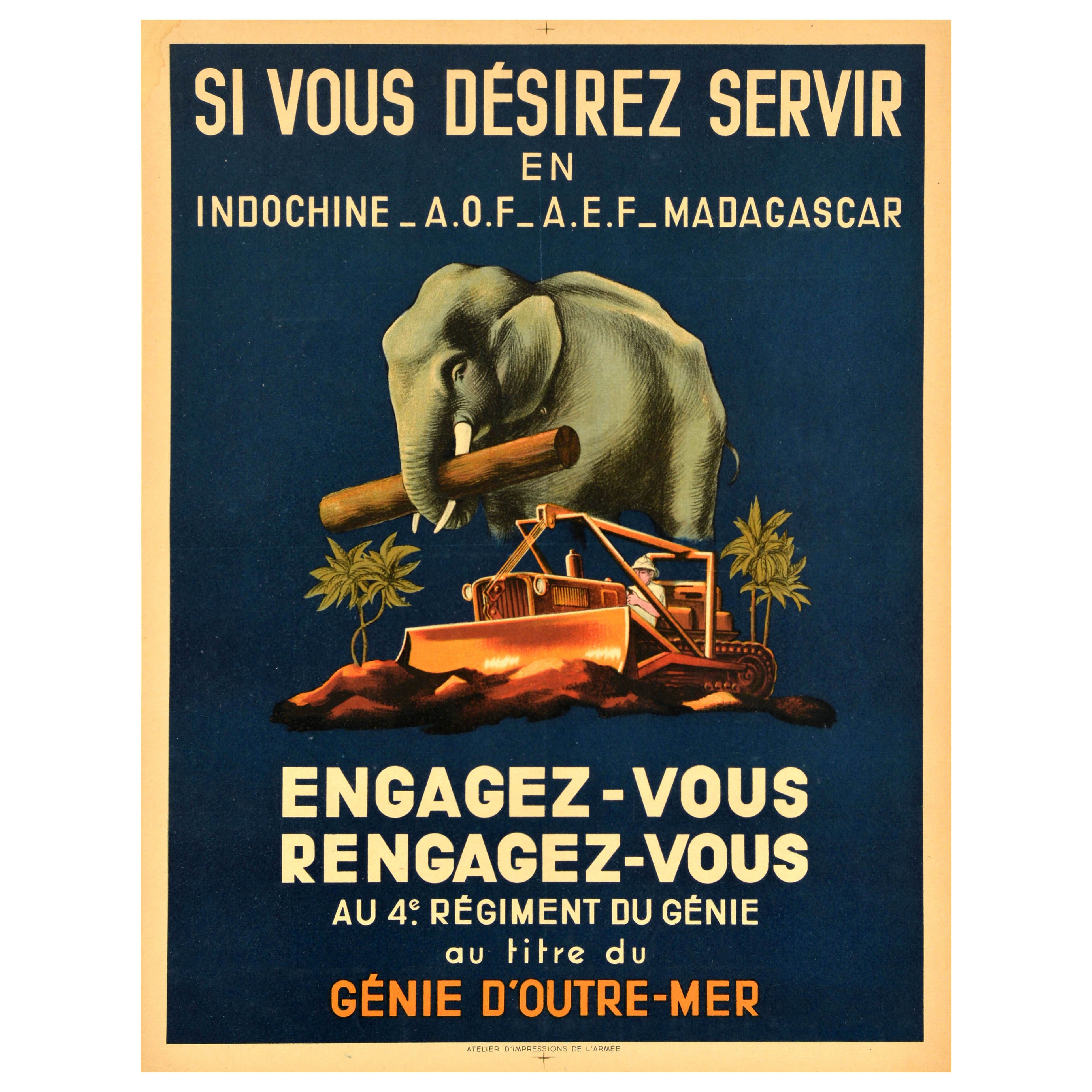 Poster originale d
epoca per il reclutamento militare francese Servire in Indocina Elefante in vendita
