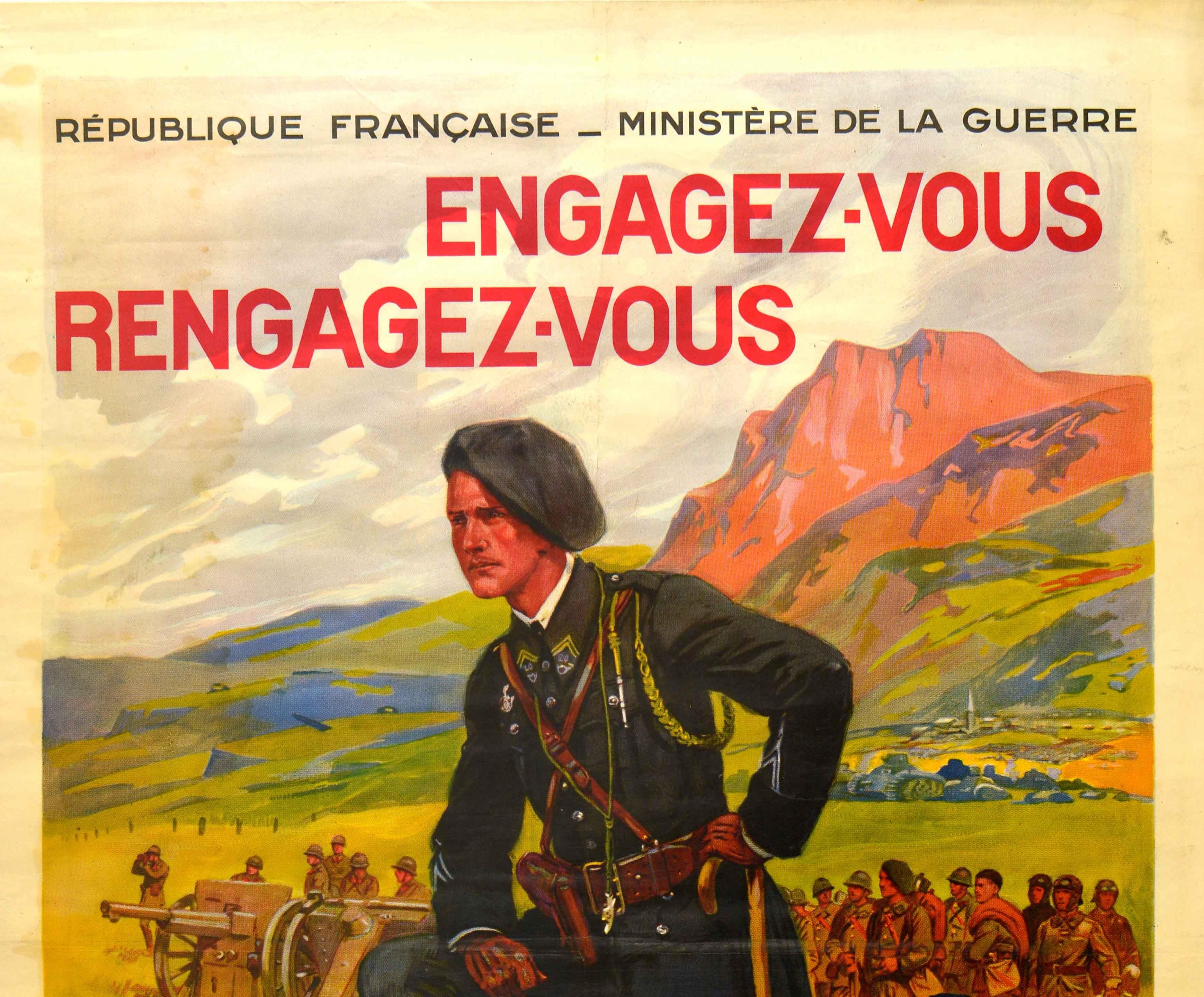 Original vintage French military recruitment poster - Join rejoin the Metropolitan Troops / Engagez-vous Rengagez-vous dans les Troupes Metropolitaines issued by the Republic of France Ministry of War featuring artwork by the French painter Maurice
