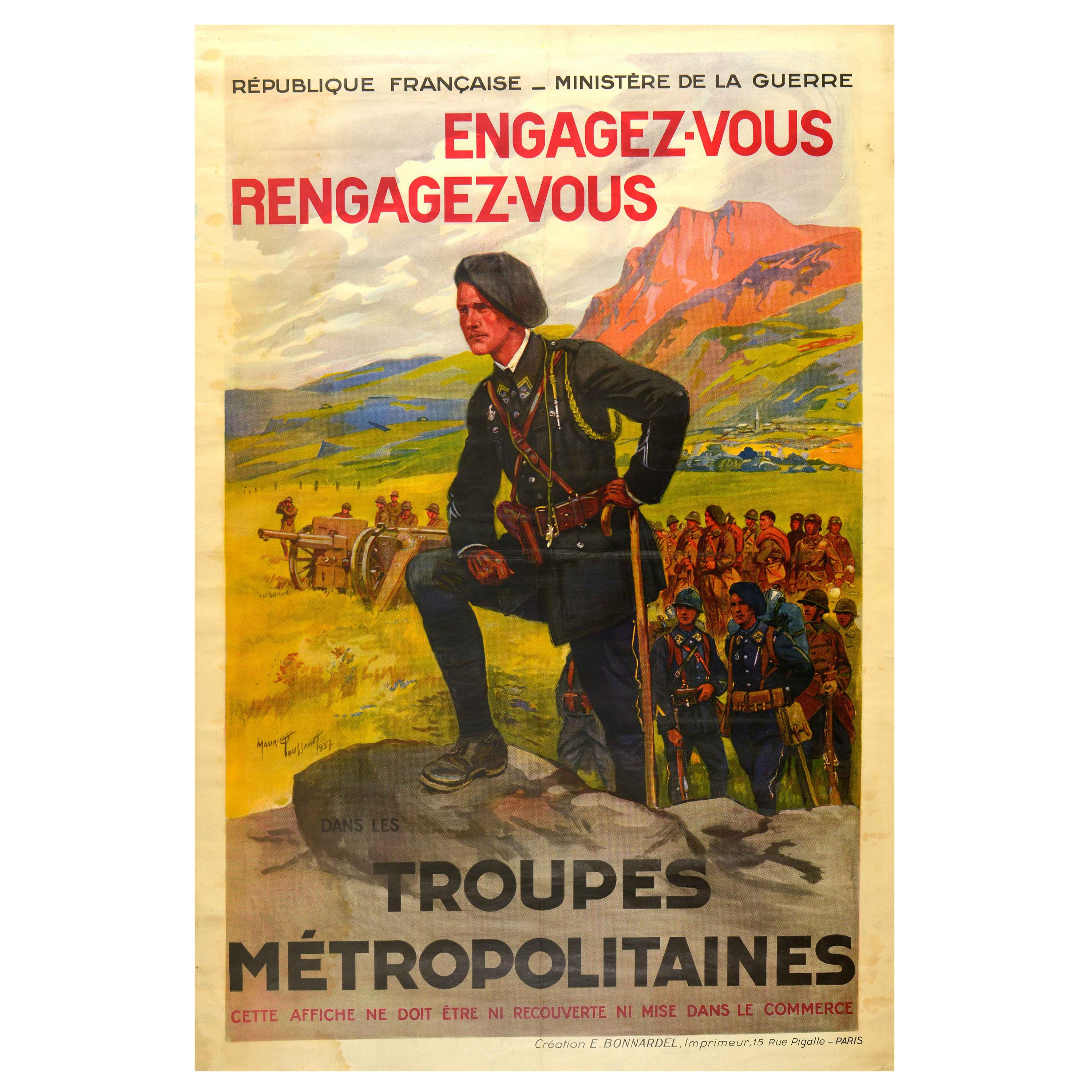 Original Vintage Cartel de Reclutamiento Militar Francés Troupes Metropolitaines Army