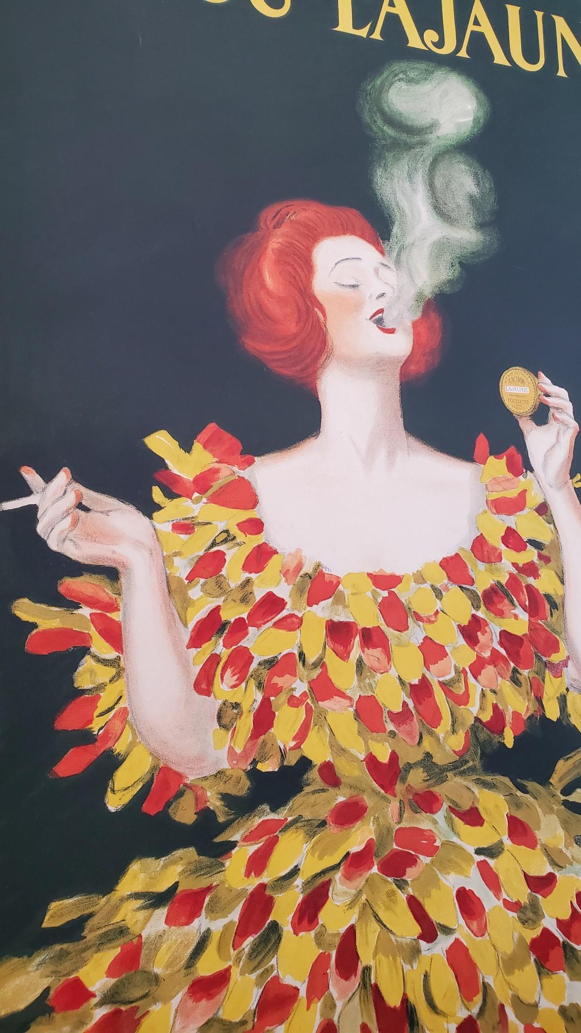 One of the most famous posters by Leonetto Cappiello for Cachou Lajaunie, a breath mint originally used to disguise the smell of tobacco. A distinctly feminine piece by Cappiello, and a fine example of his style, wonderful colors, textured