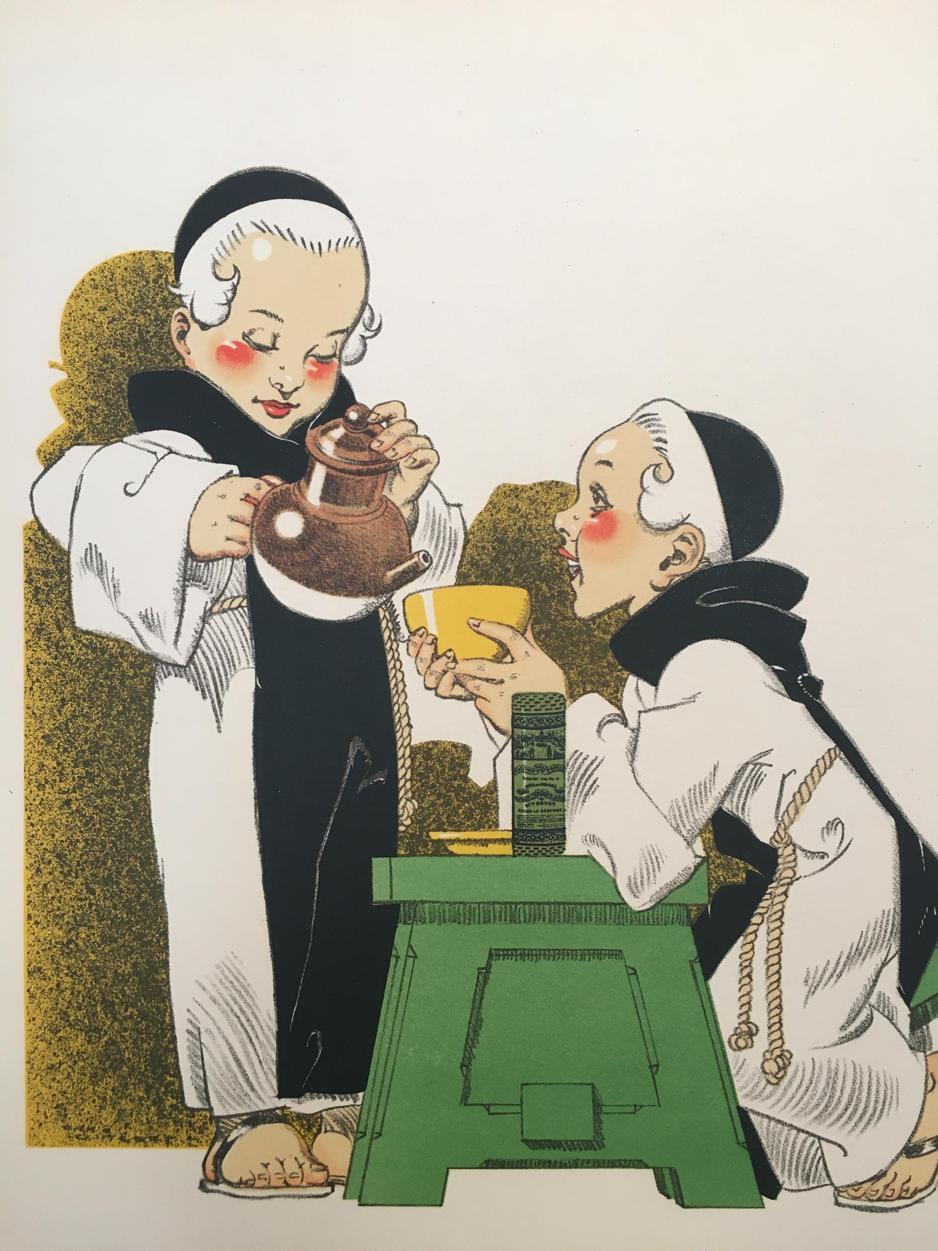 Original vintage French poster, 'Pas De Bon Cafe Sans Composition Des Moines' by Rene Vincent
 
A delightful poster, an illustration by Rene Vincent depicting the joy of two young monks, sharing a moment over a cup of warm coffee. Its artist, René