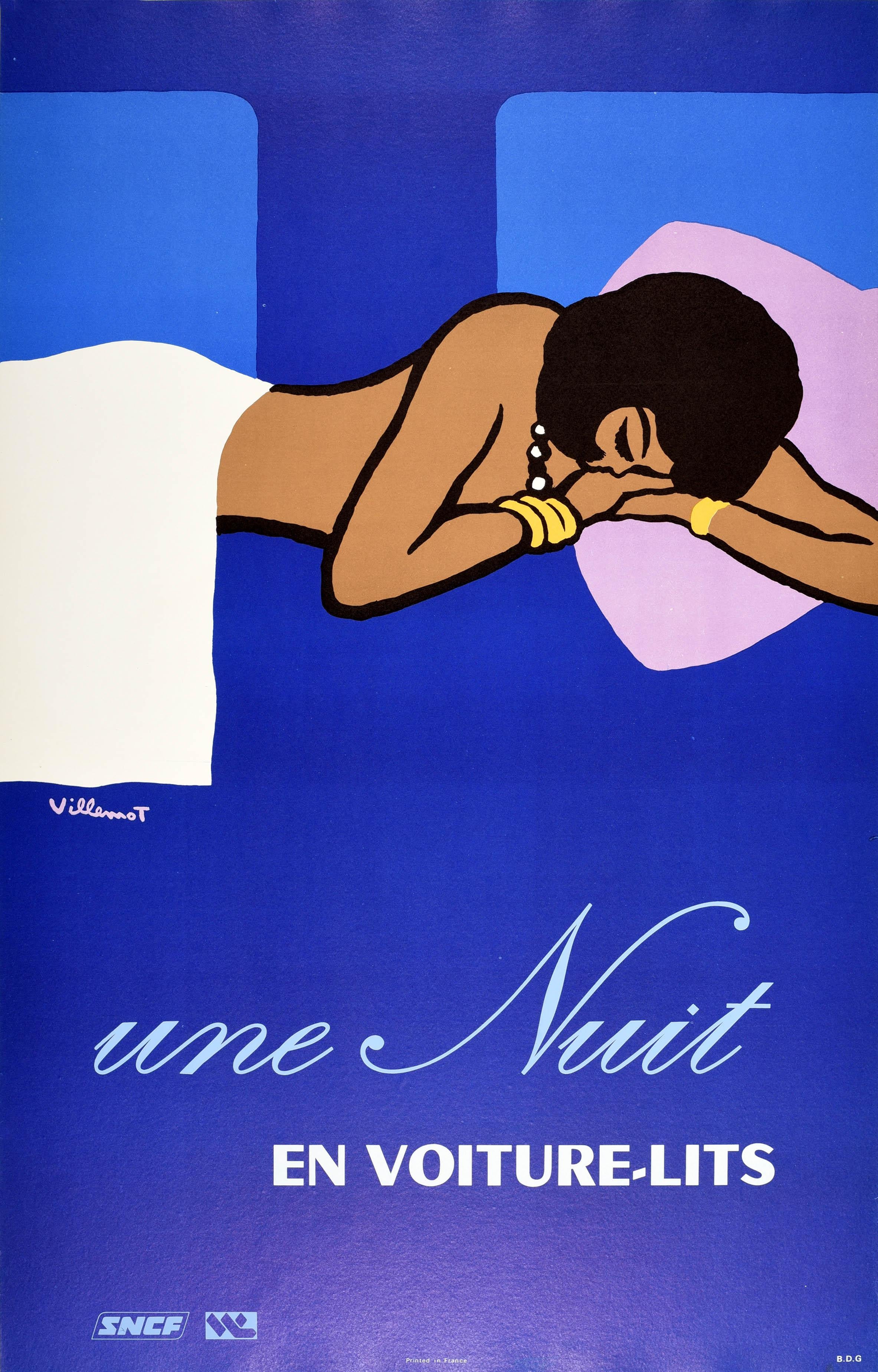 Original vintage travel advertising poster published by French Railways SNCF to promote the sleeping carriages available on its overnight services / Une nuit en voiture lits featuring a great design by the French graphic artist Bernard Villemot