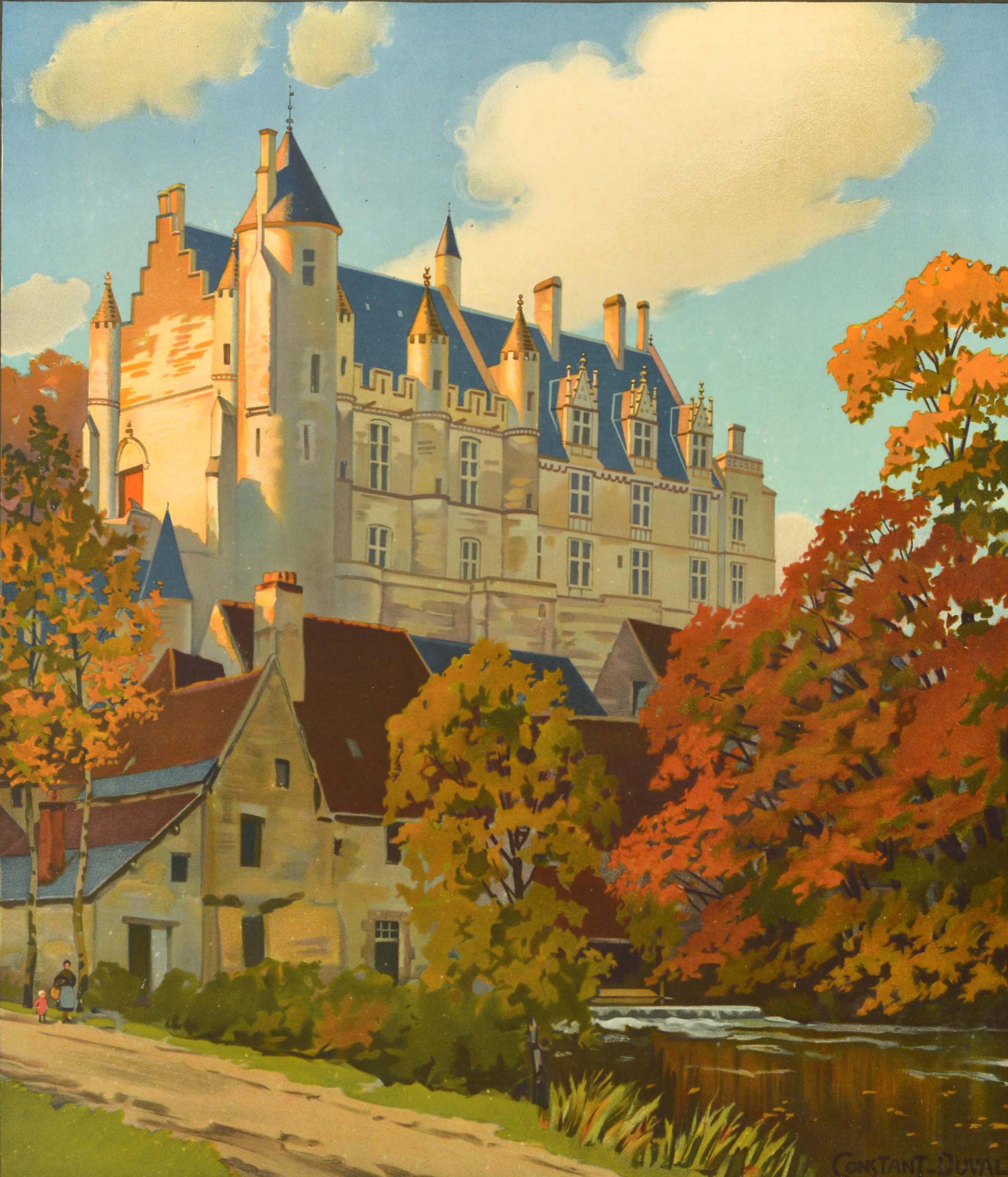 Poster originale d'epoca che pubblicizza la ferrovia Parigi-Orleans per la Valle della Loira - Chemins de Fer De Paris a Orleans Loches Les Chateaux de la Loire Circuits Automobiles - con uno splendido disegno di Constant Duval (1877-1956) che