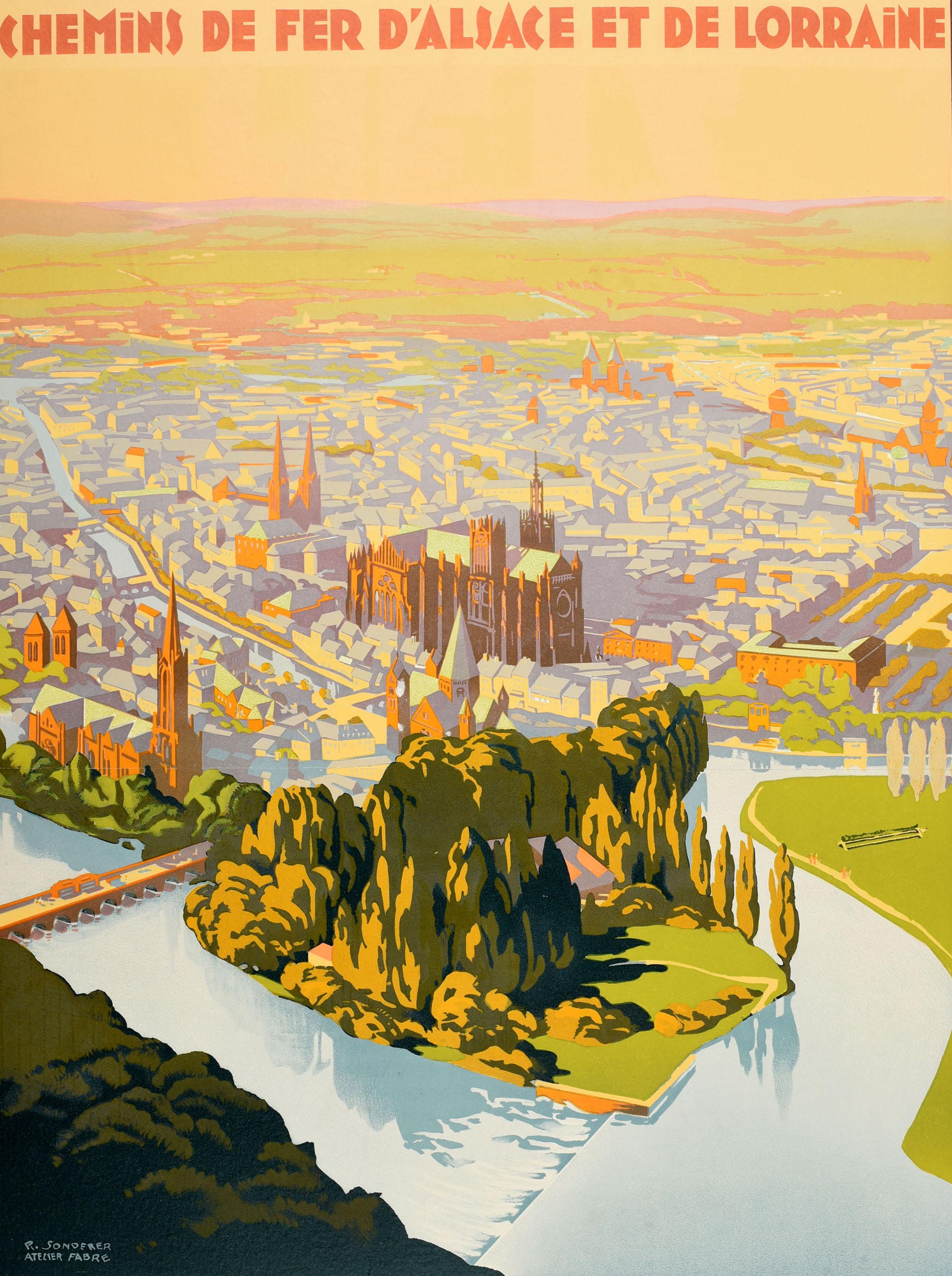 Original vintage French railway travel poster for Metz Historic City - Chemins de Fer d'Alsace et de Lorraine Ville Historique 9 featuring a stunning view over the ancient city with trees and various old buildings including church spires and the