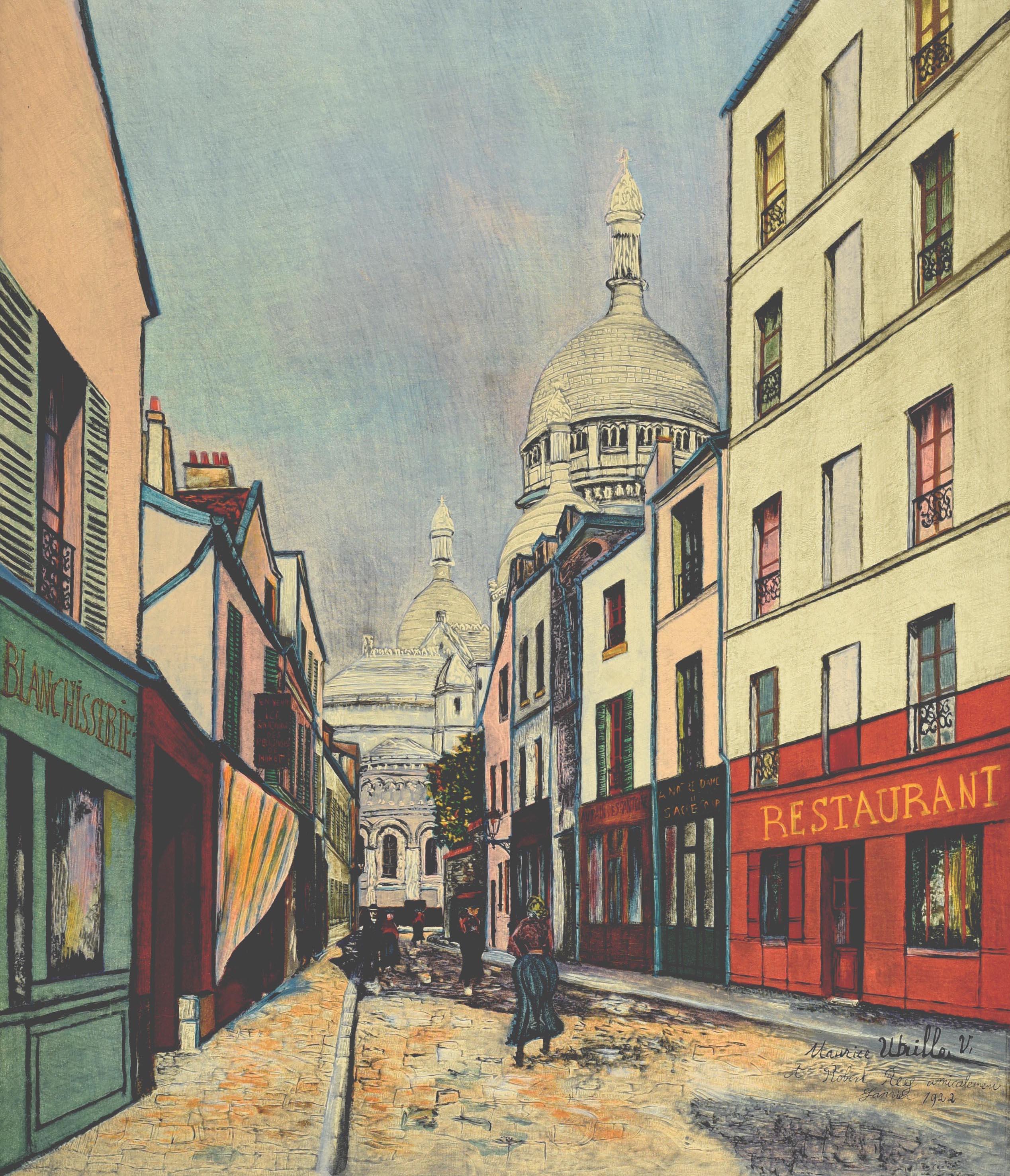 Poster originale d'epoca per Parigi Montmartre emesso da SNCF Societe Nationale Des Chemins de Fer Francais con un'opera di Maurice Utrillo (1883-1955) che mostra una vista panoramica di persone che camminano su una strada acciottolata con un