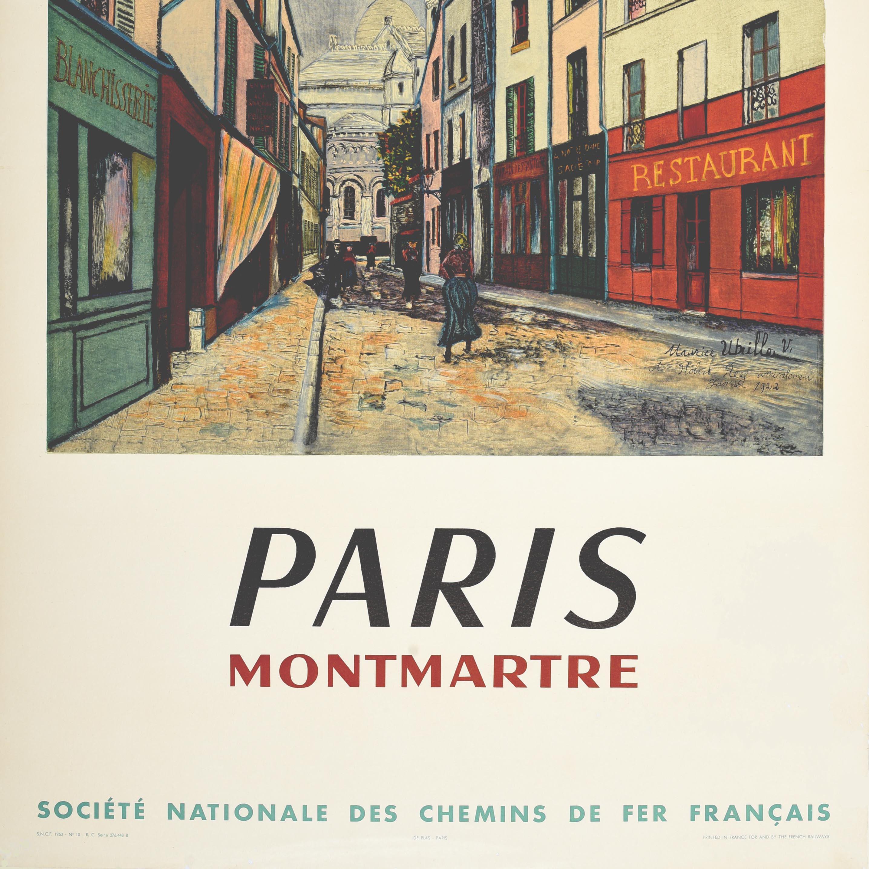 Poster di viaggio originale della ferrovia francese d'epoca Parigi Montmartre Utrillo SNCF In condizioni buone in vendita a London, GB