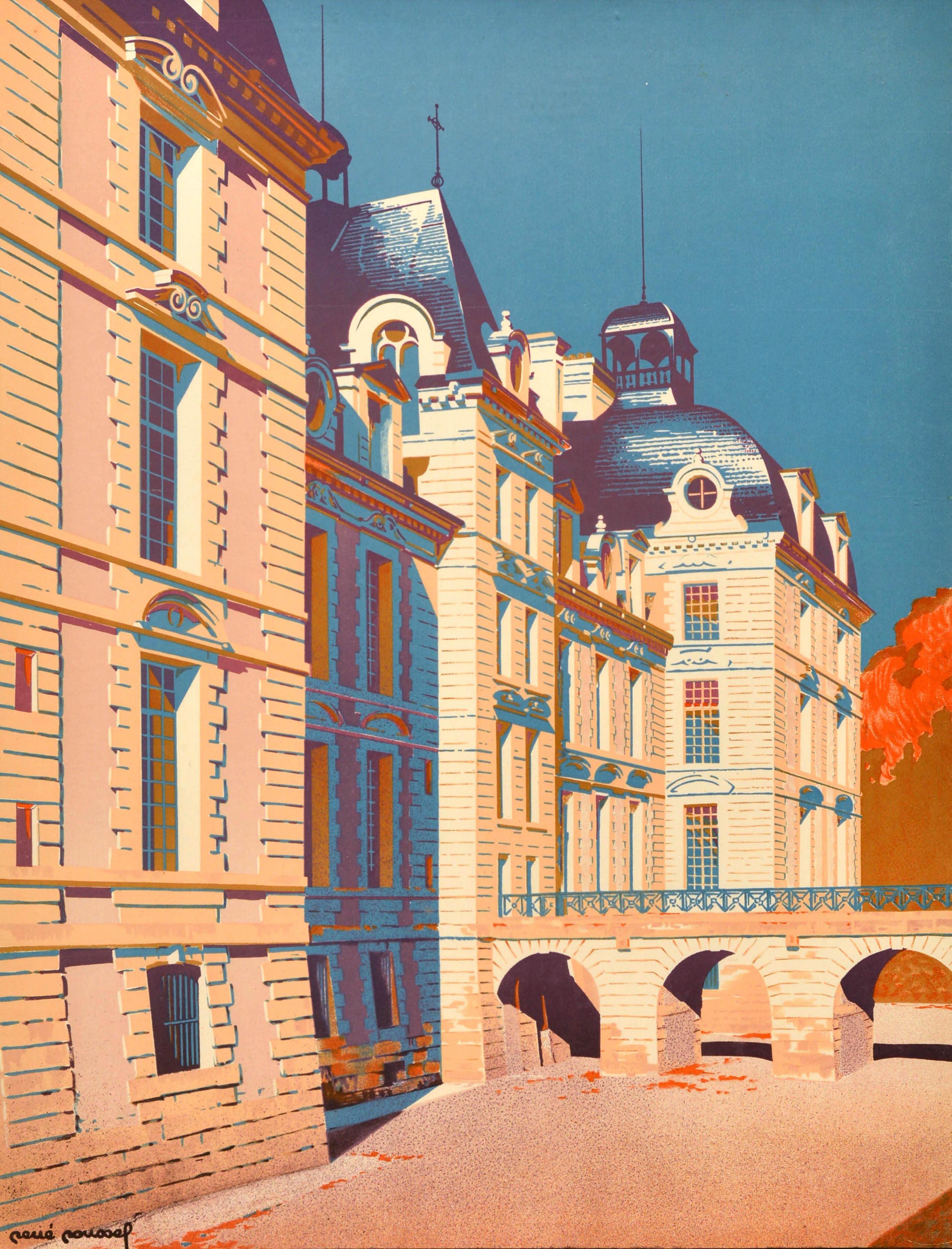 Cartel original de época de viajes en tren que anuncia el ferrocarril París Orleans Midi para visitar los castillos históricos del valle del Loira - Chemins de Fer de Paris Orleans Midi Cheverny Les Chateaux de la Loire Circuits Automobiles - con un