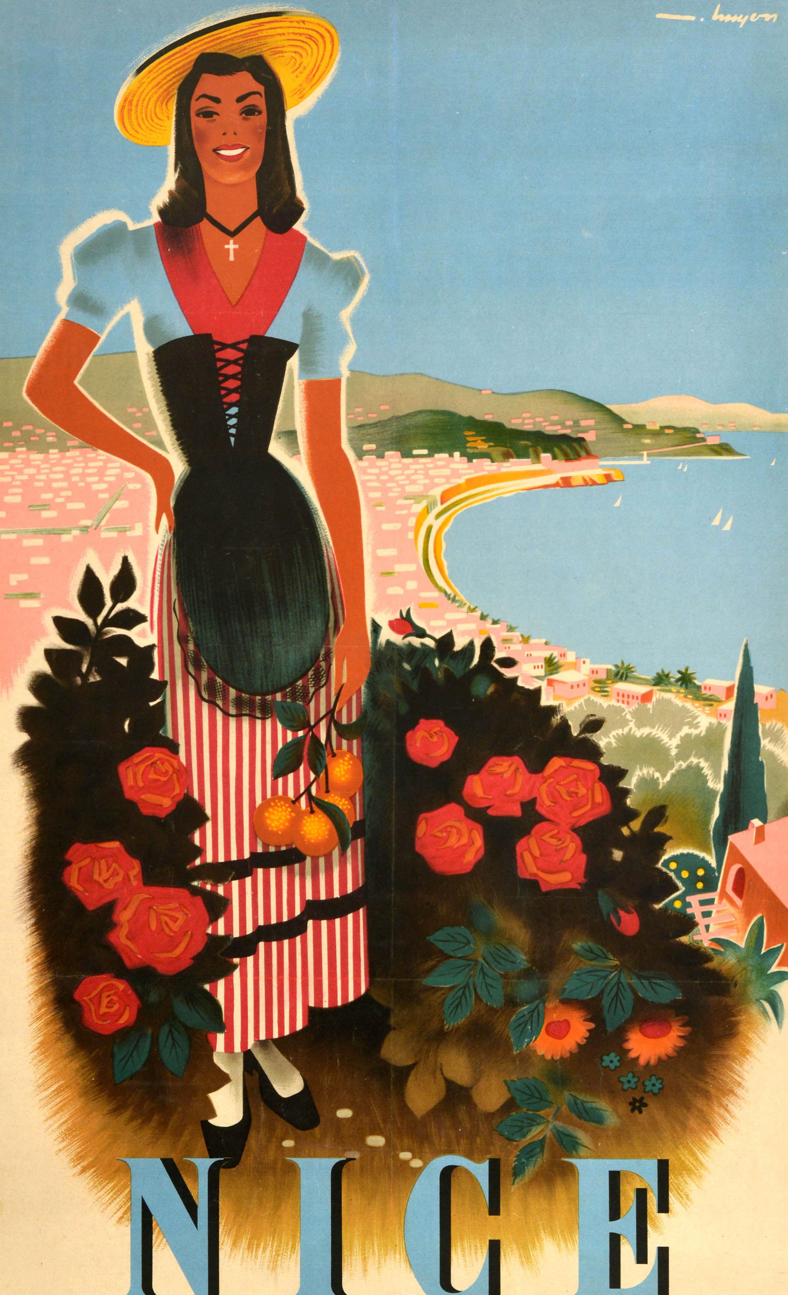 Poster pubblicitario d'epoca per Nizza sulla Costa Azzurra, in Francia, con una grande immagine di una signora che indossa un abito tradizionale e un cappello di paglia, con in mano delle arance e che sorride all'osservatore, circondata da rose e