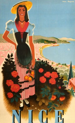 Original Vintage French Riviera Travel Poster Nice Roland Hugon Cote d'Azur