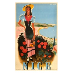 Original Vintage French Riviera Travel Poster Nice Roland Hugon Cote d'Azur
