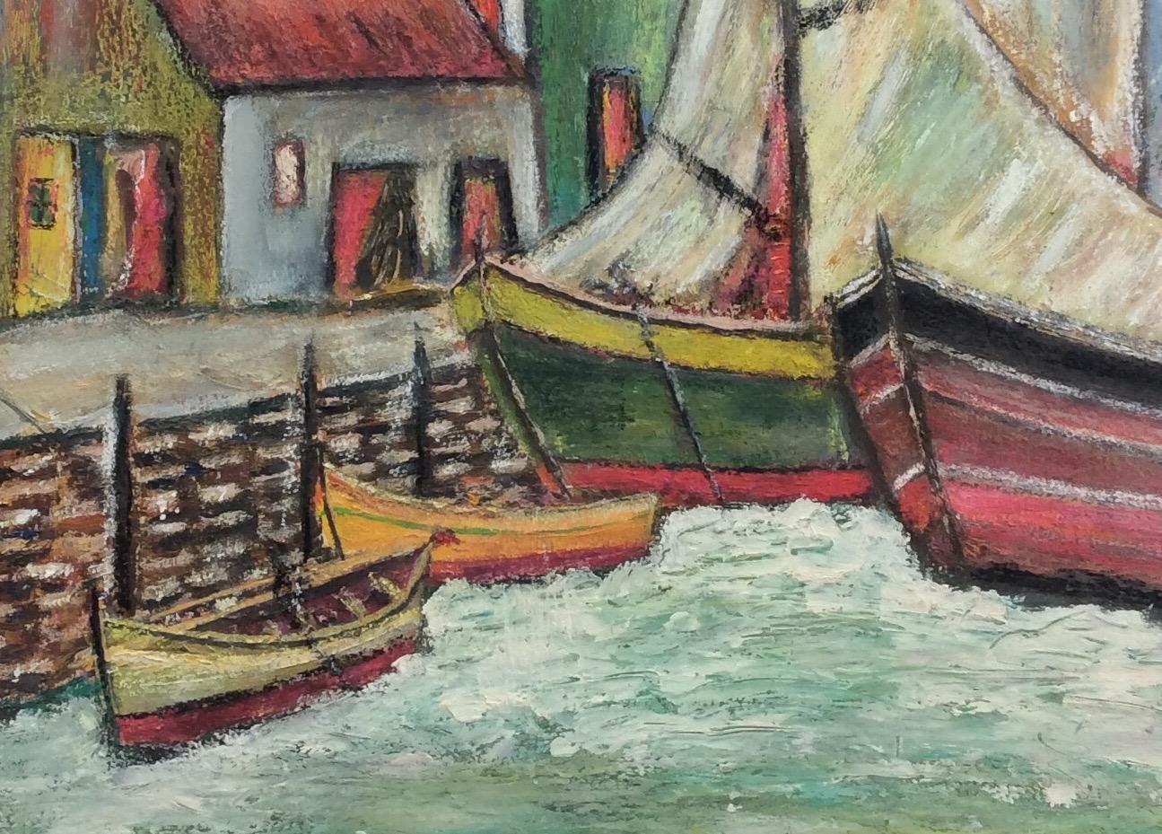 Beautiful original painting by a French artist. The scene of sailboats docked in front of a coastal village is captivating. The very vivid blue, white, aqua, green, yellow and variations of red colors will enhance any wall.
Signed.

A nice,