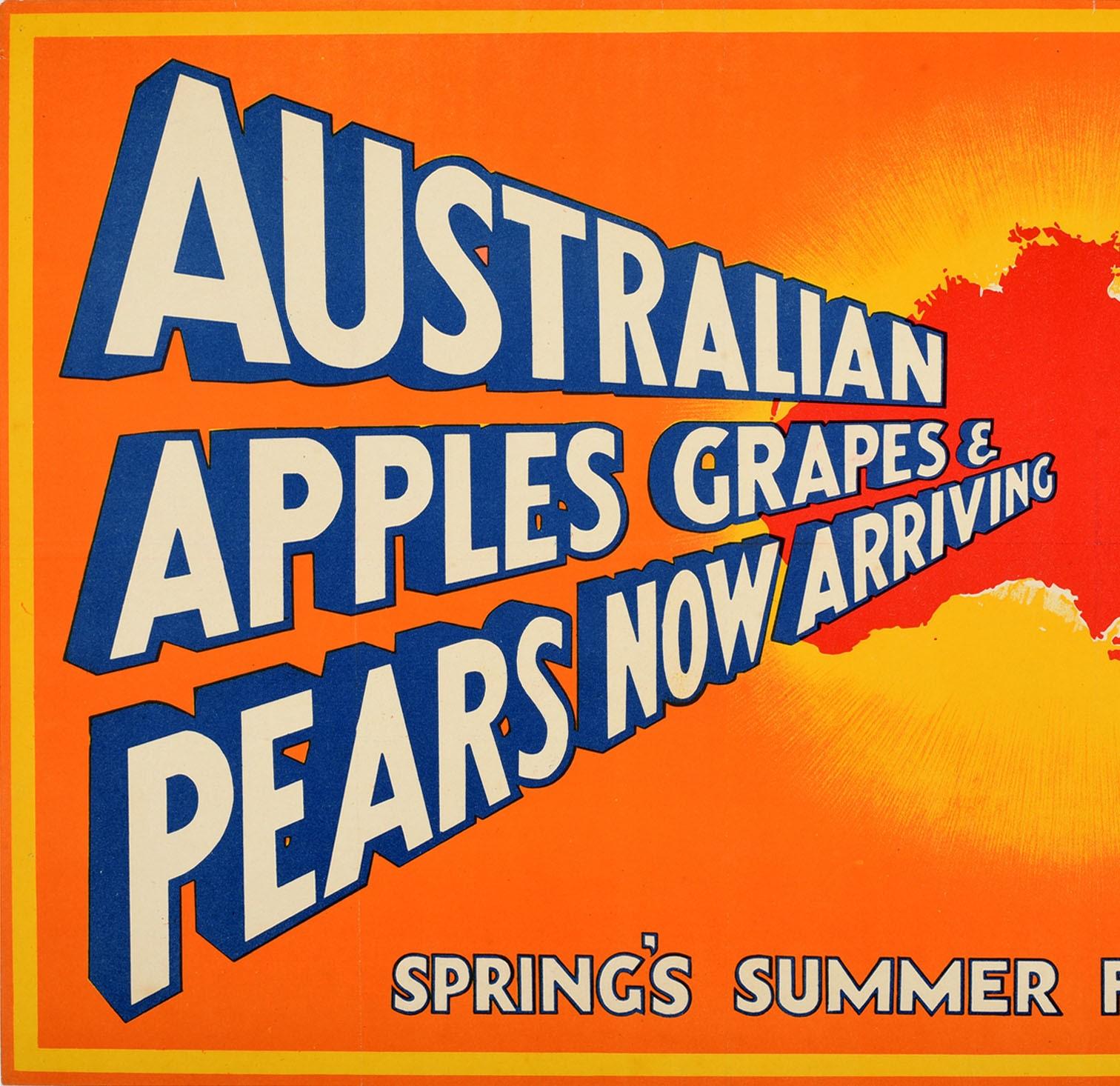 Original vintage food advertising poster - Australian Apples Grapes and Pears Now arriving Spring's Summer Fruits - featuring a dynamic design depicting the bold blue and white lettering coming from a highlighted map of Australia promoting the